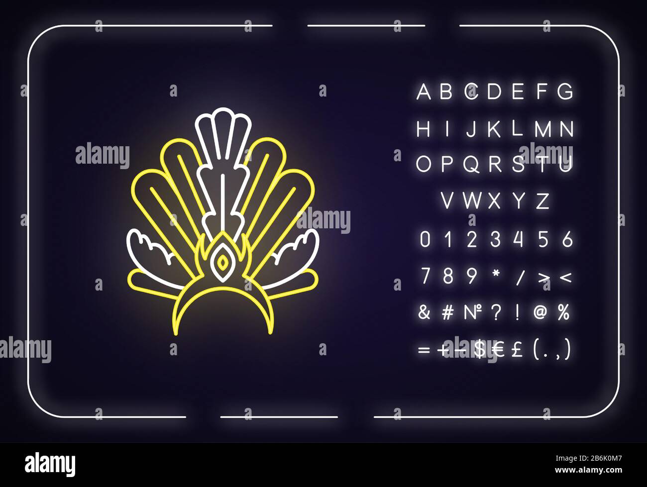 Brasilianische Karneval Kopfbedeckung Neon-Licht-Symbol. Krone mit Gefiederung. Ethnische Kleidung. Äußere leuchtende Wirkung. Zeichen mit Alphabet, Zahlen und Symbolen. Vektor Stock Vektor