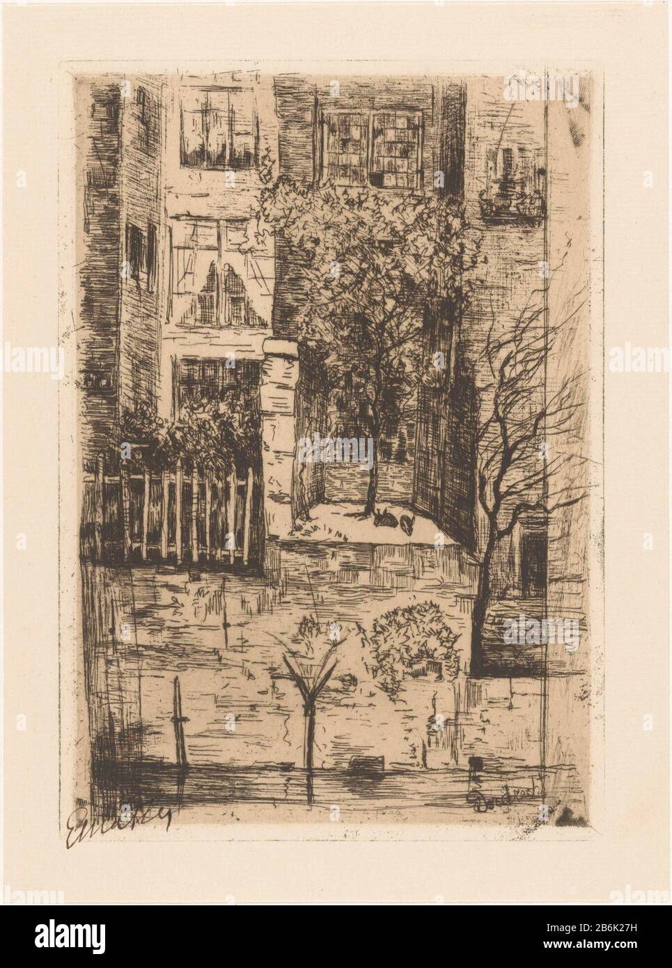 Dordrecht (Originaltitel am Objekt) Die Hinterhöfe von Häusern auf einem Quayside in Dordrecht. In einem der Gärten zwei weidende Konijnen. Hersteller: Druckmaschine: Etha-Flasche (einhändig signiert) Datum: 30-1910 Physikalische Eigenschaften: Trockene Nadel und Plattenton in braunem Material: Papiertechnik: Trockene Nadel-/Plattentonmessungen: Plattenkante: H 198 mm × W 140 mm Betreff: Hinteryardnagetiere: Rabbitkanäle, Wasser (in der Stadt) Wo: Dordrecht Stockfoto