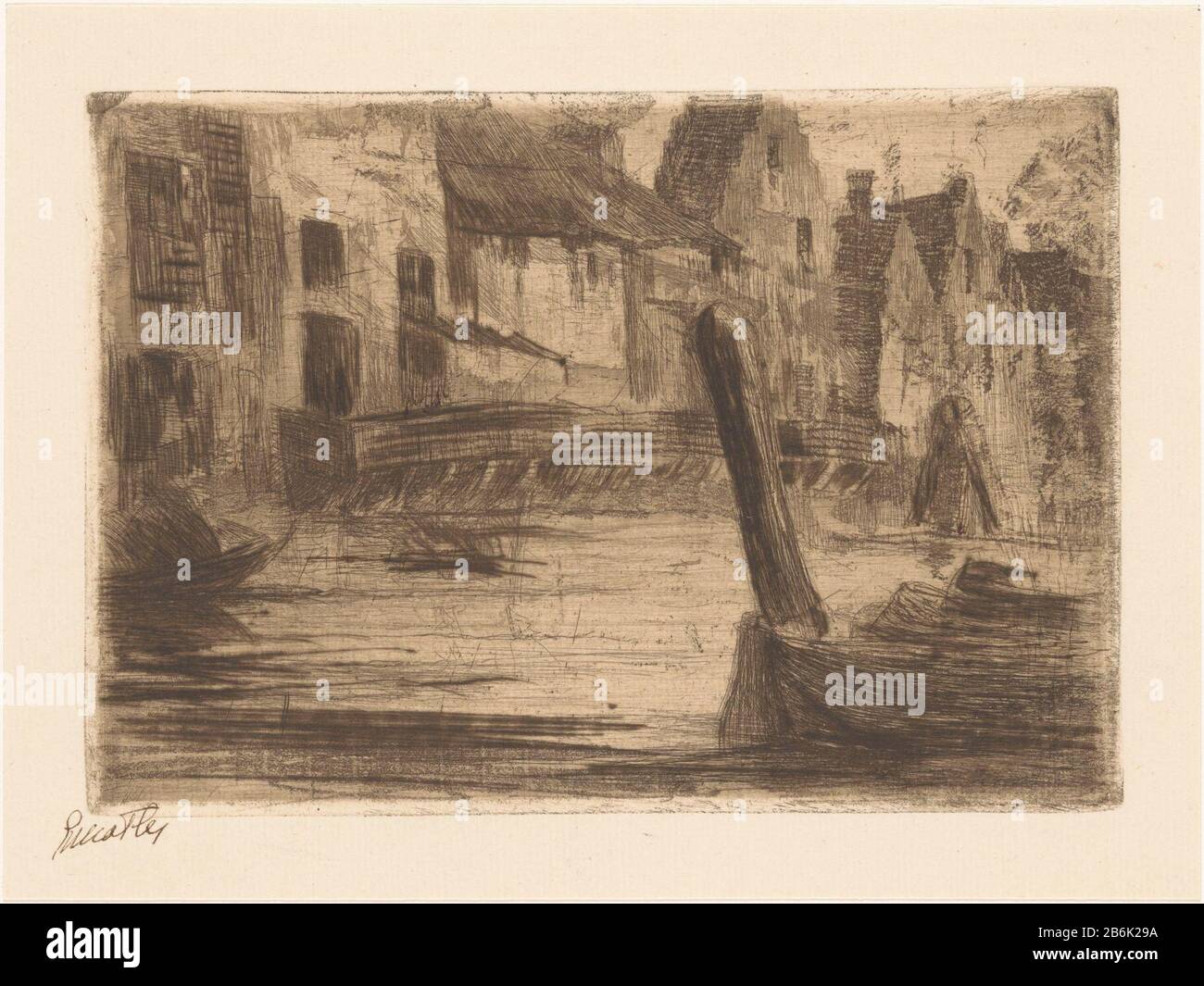 Dordrecht (Originaltitel auf dem Objekt) Moorierte Boote in Dordrecht. Im Hintergrund eine Reihe von Häusern auf dem Wasser. Hersteller: Druckmaschine: Etha Fles (persönlich unterzeichnet) Datum: 30-1910 Physische Merkmale: DRYPOINT, Roulette und Plattenton braunes Material: Papiertechnik: DRYPOINT / Roulette / Plattenton Abmessungen: Plattenkante: H 140 200 mm × b mm Betreff: Kanäle, Wasser (in der Stadt) städtisches Gehäuse wo: Dordrecht Stockfoto