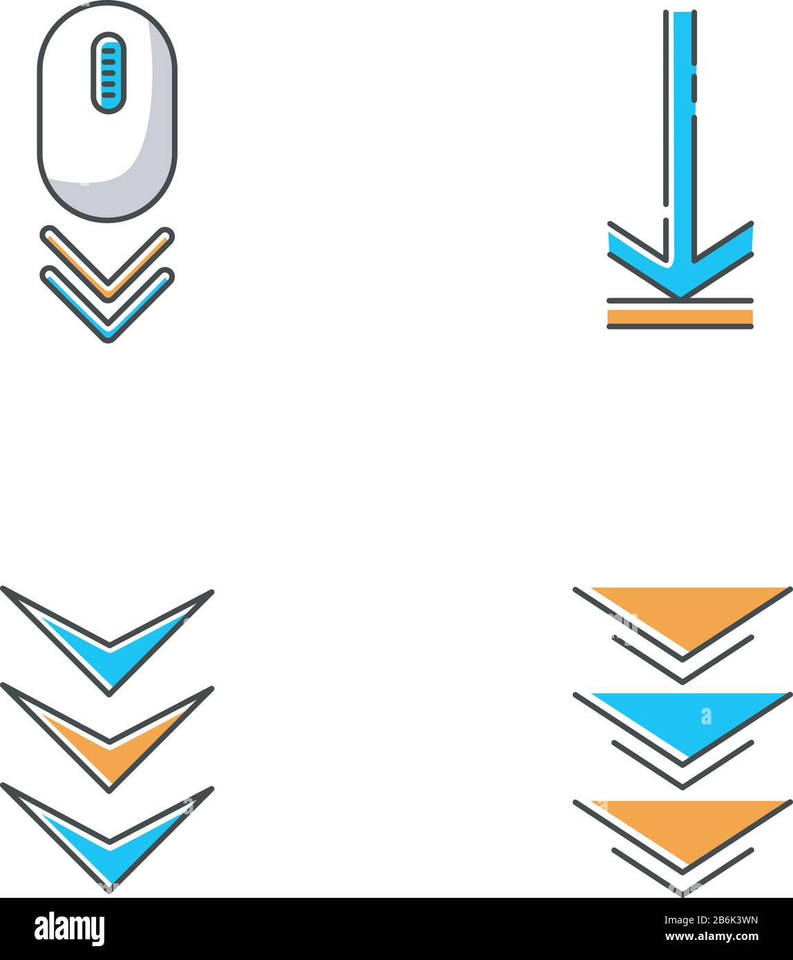 Bildlauf nach unten und Hochladen von Anzeigen RGB-Farbsymbole festgelegt. Computermaus und Pfeilspitzen. Bildlauf-Geste. Navigationstasten für die Pfeiltasten Stock Vektor