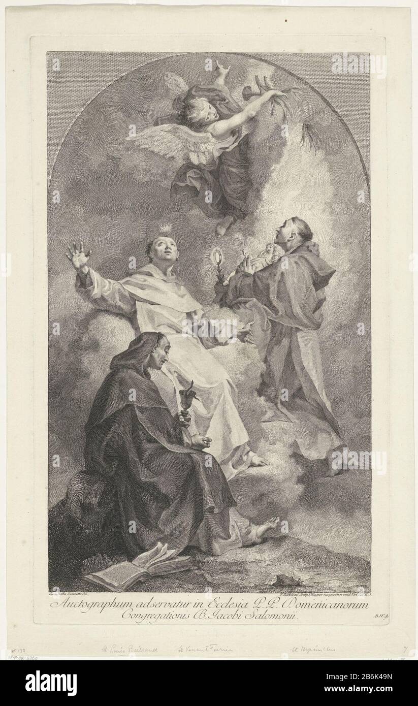 Drei Dominikanische Heilige Der heilige Louis Bertrand mit Kelch und Buch, St. Vincent Ferrier mit einer Flamme über seinem Kopf und der heilige Hyazinth von Polen mit einem Bild von Maria mit Kind. Schwebt über einem engel. Hersteller : Druckereihersteller: Francesco Bartolozzi (denkmalgeschütztes Eigentum) zum Gemälde: Giovanni Battista Gazzetta (denkmalgeschütztes Gebäude) Verleger Joseph Wagner (denkmalgeschütztes Gebäude) Verkäufer: Joseph Wagner (denkmalgeschütztes Eigentum) Träger des Privileges: Senat von Venedig (auf dem Objekt angegeben) Ort Herstellung: Druckhersteller: Italien zum Malen von: Italien Verleger: Venedig Verkäufer: Venedig Grantor des Privileges: Venedig Datum: 173 Stockfoto