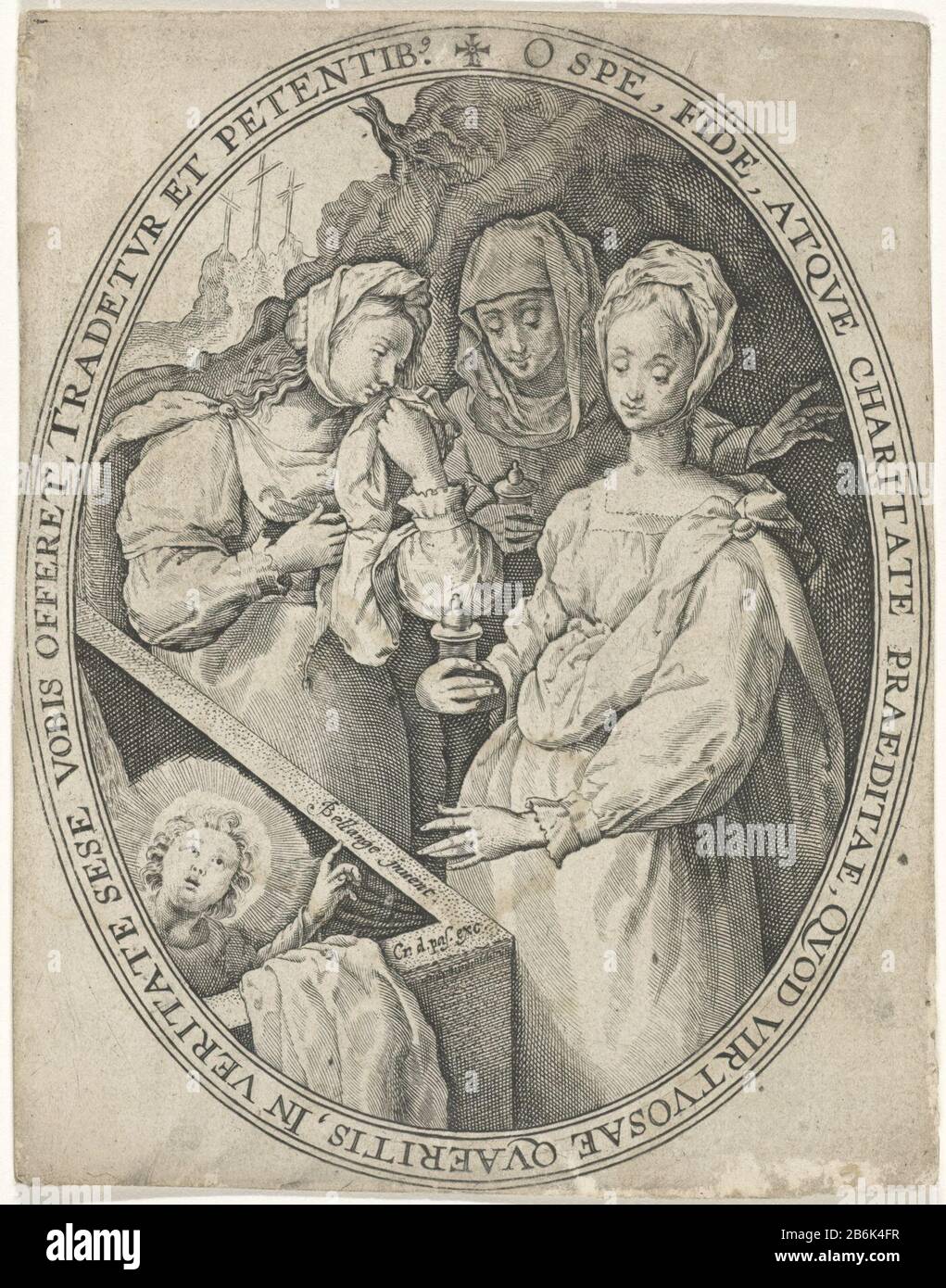Drei Marys in der Grab-Passion Christi (Serientitel) Passio Domini nostri Jesu Christi (Serientitel) das Grab Christi, ein Engel erschien den drei heiligen Frauen, die zur Salbung Christi kamen. Zwei von ihnen haben einen Salbenbecher in den Händen. Im Hintergrund die drei Kreuze. Die Vorstellung ist in einem ovalen Rahmen mit einer Kanteninschrift in lateinischer Sprache gehalten. Drucken Sie eine Serie mit der Leidenschaft von Christus aus. Hersteller: Druckmaschine: Crispijn von Passe (I) entworfen von Jacques Bellange (denkmalgeschütztes Gebäude) Herausgeber: Crispijn von Passe (I) (denkmalgeschütztes Gebäude) Ort Herstellung: Köln dating: 1600 Physischer Char Stockfoto