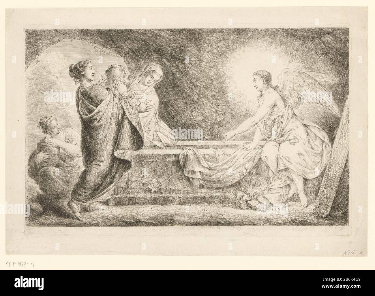 Drei Marys am Grab von Christus Drie Maria's bij het graf van Christus Objekttyp: Prent Objectnummer: RP-P-1977-67 Inscriptions / Merken: Sammlermarke , verso, gestempelt: Lugt 2228 Sammlermarke , verso, gestempelt: Lugt 2760 Hersteller: Prentmaker: Christian Bernhard Rode (Objekt: Verken) ETS-Material: Papiertechniek: Etsen-Maße: Zopfmuster: H 275 mm × b 427 mm Betreff: Engel, die die heiligen Frauen ansprechen  Auferstehung Christi Stockfoto