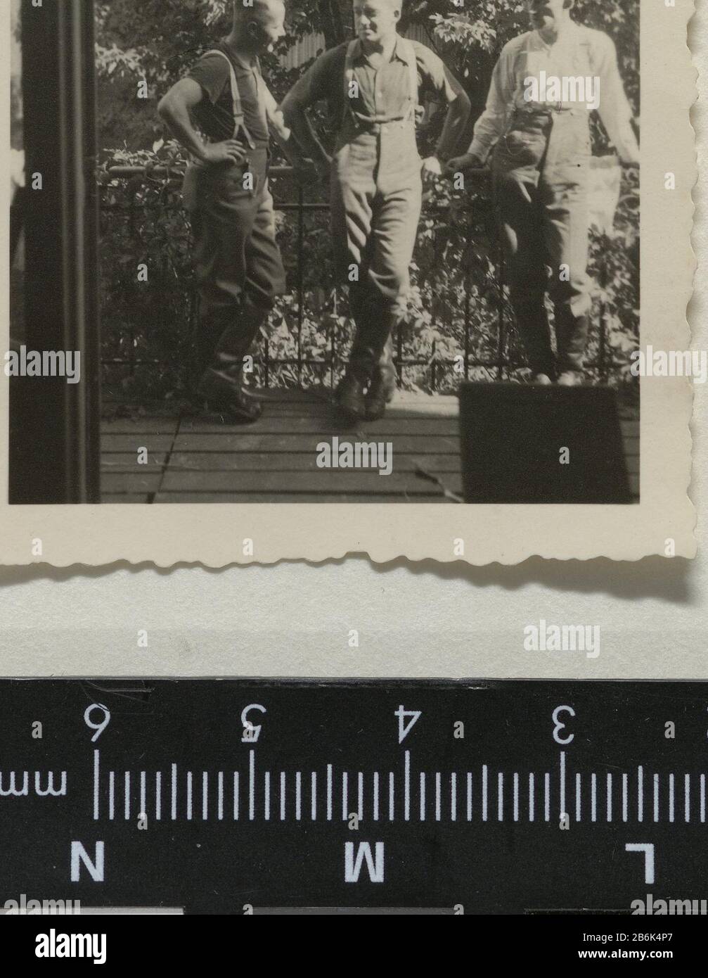 Drei Soldaten der Wehrmacht Drei Soldaten der Wehrmacht auf einem Balkon. Hinter ihnen Bäume. Sie haben nur eine Militärhose und Stiefel. Zurück ist im ... Dordrecht (Holland) im September 1940 Hersteller : Fotograf: Anonymer Ort Herstellung: Dordrecht Datum: Sep 1940 Physikalische Merkmale: Gelatine silberfarbenes Druckmaterial: Papiertechnik: Gelatine silberfarbenes Druckmaß: H 6 cm. B × 5 cm. Betrifft: Okkupation  oorlocinsuier und civiliansTweede II Besetzung der Niederlande, Wenn: 1940 - 1940 Stockfoto