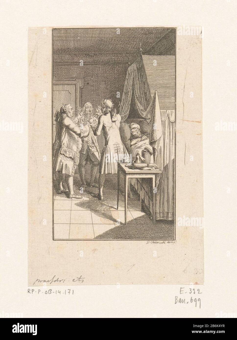 Drei Ärzte, die über das Bett eines kranken Mannes sprechen Objekttyp: Bild Artikelnummer: RP-P-ob-14.171Katalogusreferentie Bauer 699Engelmann 332-Marken: Sammlermarke, Verso, gestempelt: Lugt 2228 Hersteller : Druckerhersteller Daniel Nikolaus Chodowie: CKI (denkmalgeschütztes Gebäude) in seinem Entwurf: Daniel Nikolaus Chodowiecki (Objektnummer: Berlin) Herstellung: Haus: Berlin Weitere Merkmale: Ätzung; Proofmaterial: Papiertechnik: Ätzmaße: Blatt: H 133 mm (innerhalb der Plattenkante abgeschnitten) × W 90 mm (innerhalb der Plattenkante abgeschnitten) ToelichtingEen später Zustand dieses Drucks i Stockfoto