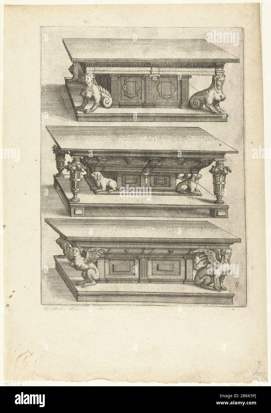 Drei Buffettische die Menuiseri eine höhere Differenz Pourtraicts (Serientitel) Die Tischplatten befinden sich an den Ecken, die von Sphinx (oberer und unterer Tisch) oder von Vasen (mittlerer Tisch) unterstützt werden. Seite 8 von 15 nummerierten Seiten + Titelseite einer Serie von 16. Hersteller : Druckmaschine Peter van der Borchtnaar Design: Hans Vredeman de Vries Herausgeber: Philips Gall Herstellung: Niederlande (möglich) Datum: Ca. 1583 Material: Papiertechnik: Ätzmaße: Plattenkante : h 257 mm × W 191 mm Stockfoto