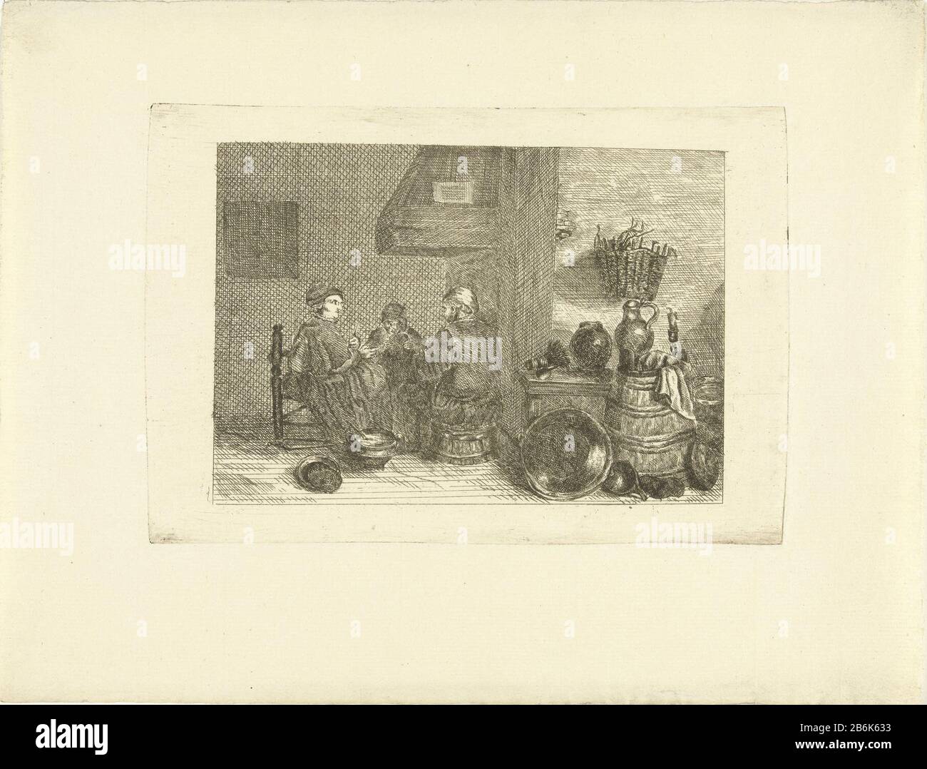 Drei Figuren, die am Kamin essen Drei Figuren, die vom Kamin essen Objekttyp: Bild Artikelnummer: RP-P-1917-397 Aufschriften / Marken: Sammlermarke, Verso, gestempelt: Lugt 2233 Hersteller: Druckmaschine G. von CittersPlaats Herstellung: Niederlande Datum: Um 1750 - ca. 1800 Physische Merkmale: Ätzmaterial: Papiertechnik: Ätzmaße: Plattenkante: H 138 mm × W 200 mm Betreff: Offener Kamin, Kamin und Kücheninnenraum Stockfoto