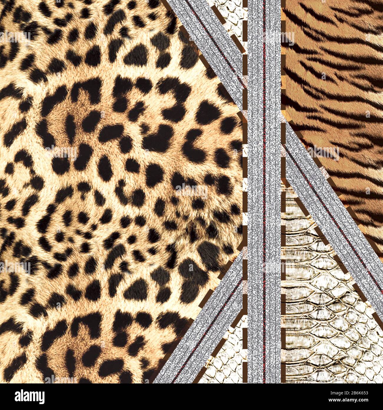 Tierischer Hauthintergrund mit handgezogenen braunen Streifen und grauen Rändern. Tiger, Leopard, Gepard, Schlangentextur. - Abbildung Stockfoto