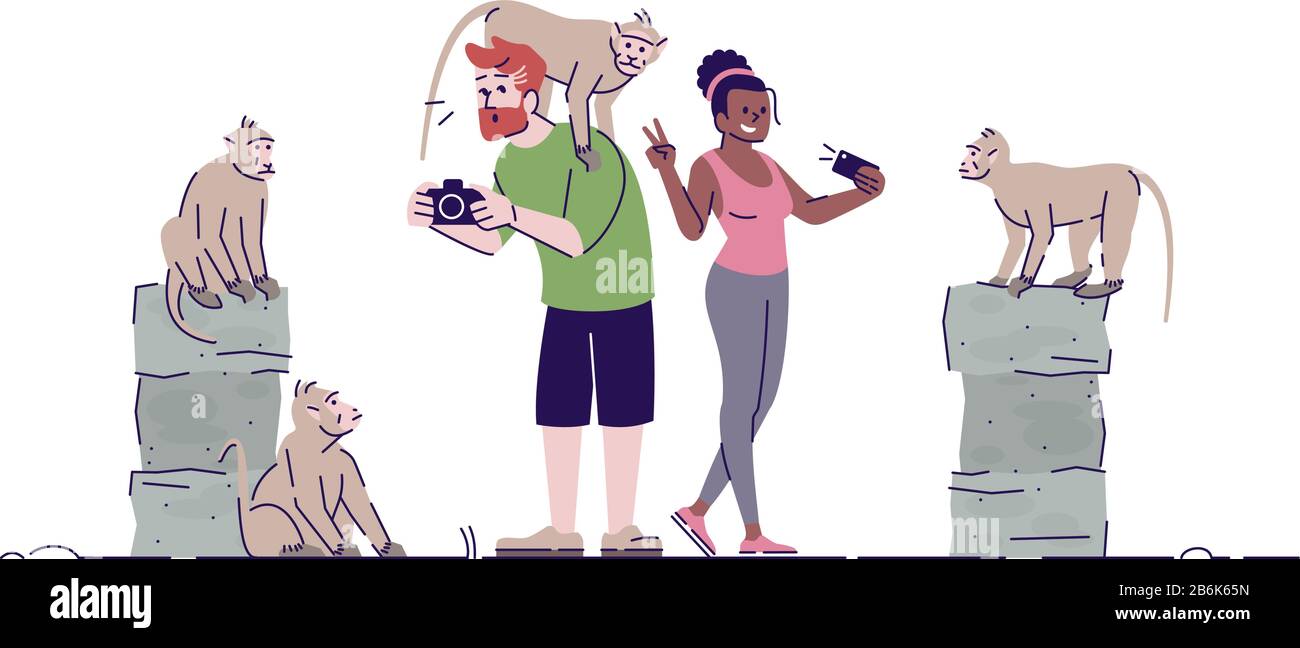 Mann und Frau machen Fotos von Primaten flache Doodle-Illustration. Heiliger Affenwald. Urlaub im tropischen Land. Indonesien Tourismus 2D Cartoon Stock Vektor