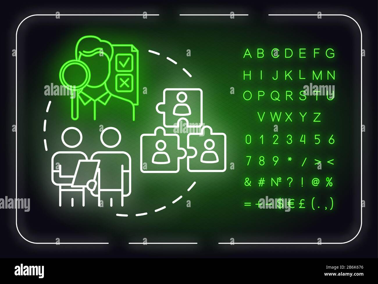 Symbol für das Konzept des Neonlichts. Mitarbeitervielfalt. Professionelle Beratung. Teamidee aufbauen. Äußeres leuchtendes Zeichen mit Alphabet, Zahlen und Stock Vektor