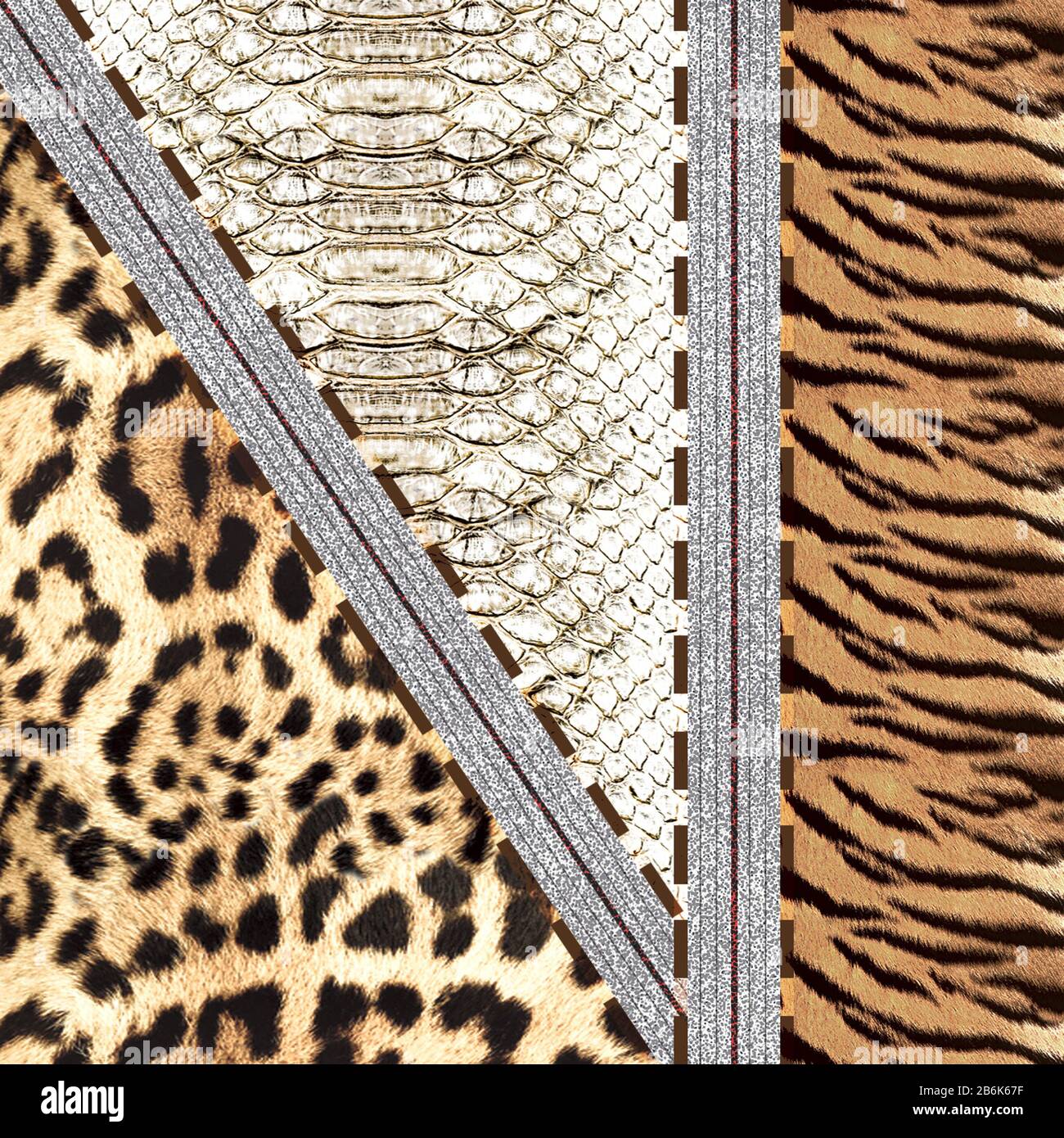 Tierischer Hauthintergrund mit handgezogenen braunen Streifen und grauen Rändern. Tiger, Leopard, Gepard, Schlangentextur. - Abbildung Stockfoto