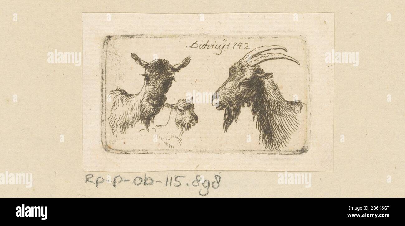Drei Ziegen Drietwaren Objekttyp: Prent Objectnummer: RP-P-ob-115.898Catalogusreferentie: Linck 173-1(3) Inscriptions / Merken: Sammlermarke, Verso, gestempelt: Lugt 240 Hersteller: Prenmacher: Christian Wilhelm Ernst Dietrich (vermeld op object)Plaats Herstellung: Dresden (motratelek): Abmessungen: Tellermasse: 1742: Tellermasse: Tellermasse: Tellermasse: 1742: H 35 mm × b 63 mm Betreff: Ziege Stockfoto