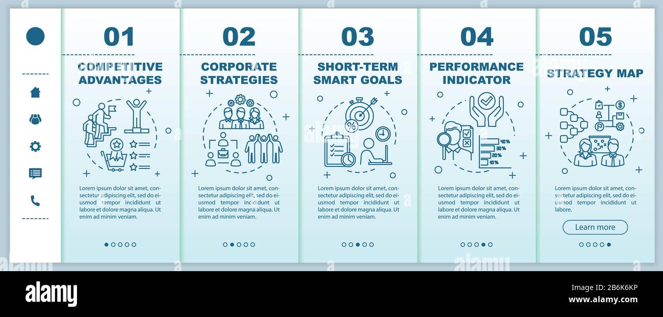 Vorlage für die Integration von Unternehmensstrategien. Intelligente Ziele. Geschäftsaufbau. Wettbewerbsvorteile. Reaktionsschnelle mobile Website mit Symbolen. Webseite Stock Vektor