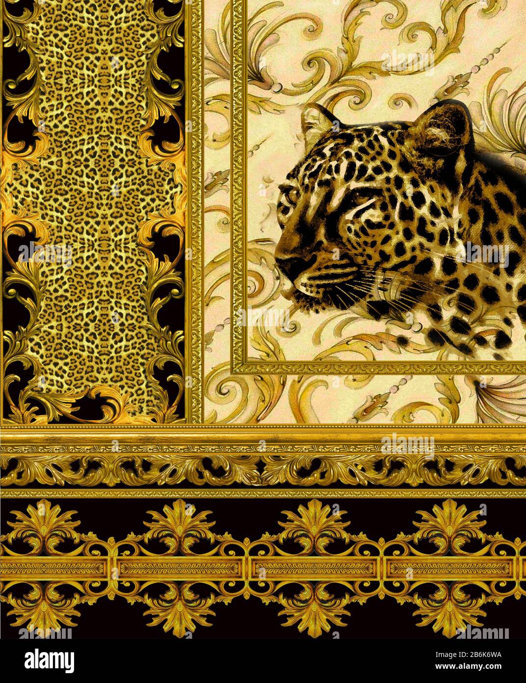 Leopardenhauttextur und Geparschkopf mit goldenen Rändern, Paisley-Muster mit Blumenmuster. Luxuriöser Baroque Hintergrund. - Abbildung. Stockfoto