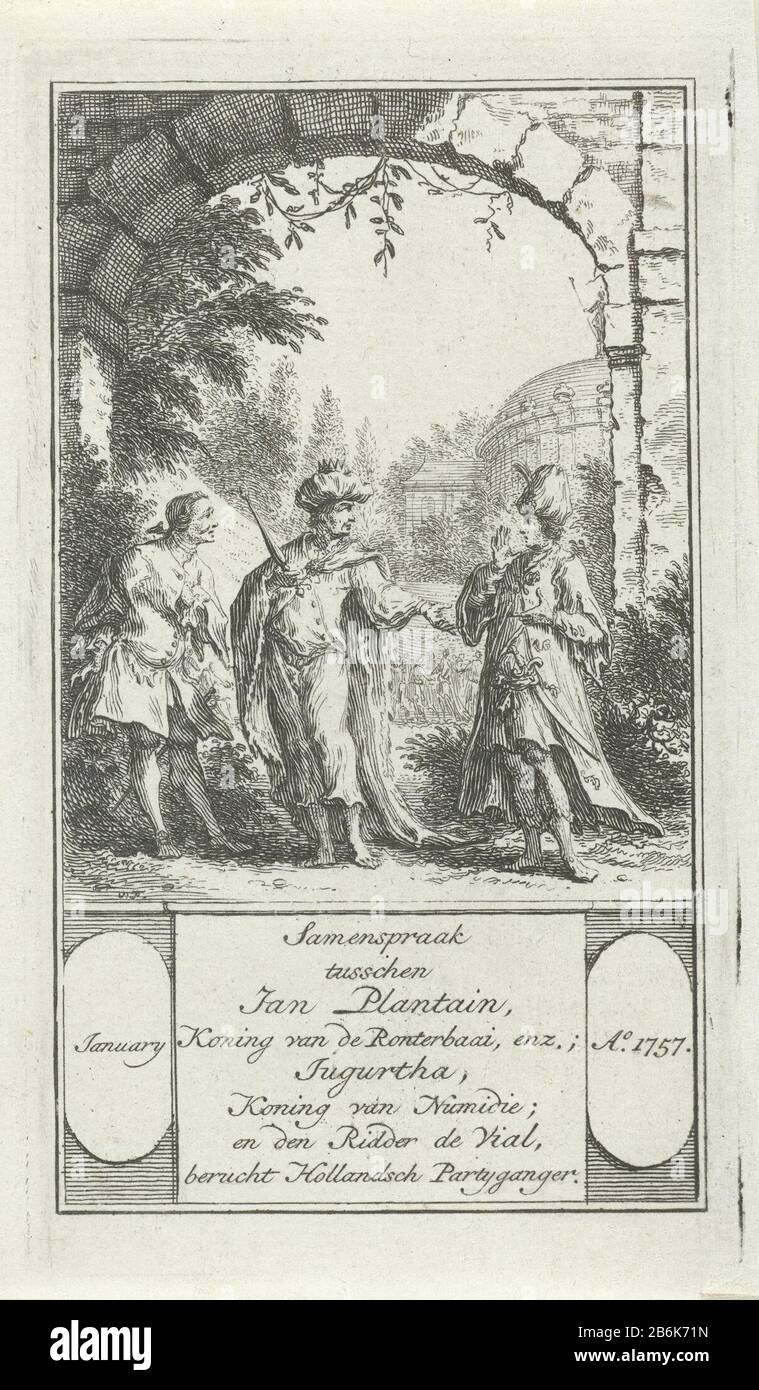 Drei historische Figuren in Konversationsillustrationen nationale Geschichte (Serientitel) rufen im Freien zwischen Jan Plantain, Jugurtha und Knight the Vial auf. Unter dem Bildtext mit dem Datum Januar 1757. Hersteller : Druckerhersteller Simon Fokke (Listed Property) Ort Herstellung: Amsterdam Datum: 1722 - 1704 Physikalische Merkmale: Ätzmaterial: Papiertechnik: Ätzmaße: Plattenkante: H 134 mm × W 78 mmOnderwerpwie Jan PlantainJugurthaJean Baptiste Fläschchen Stockfoto