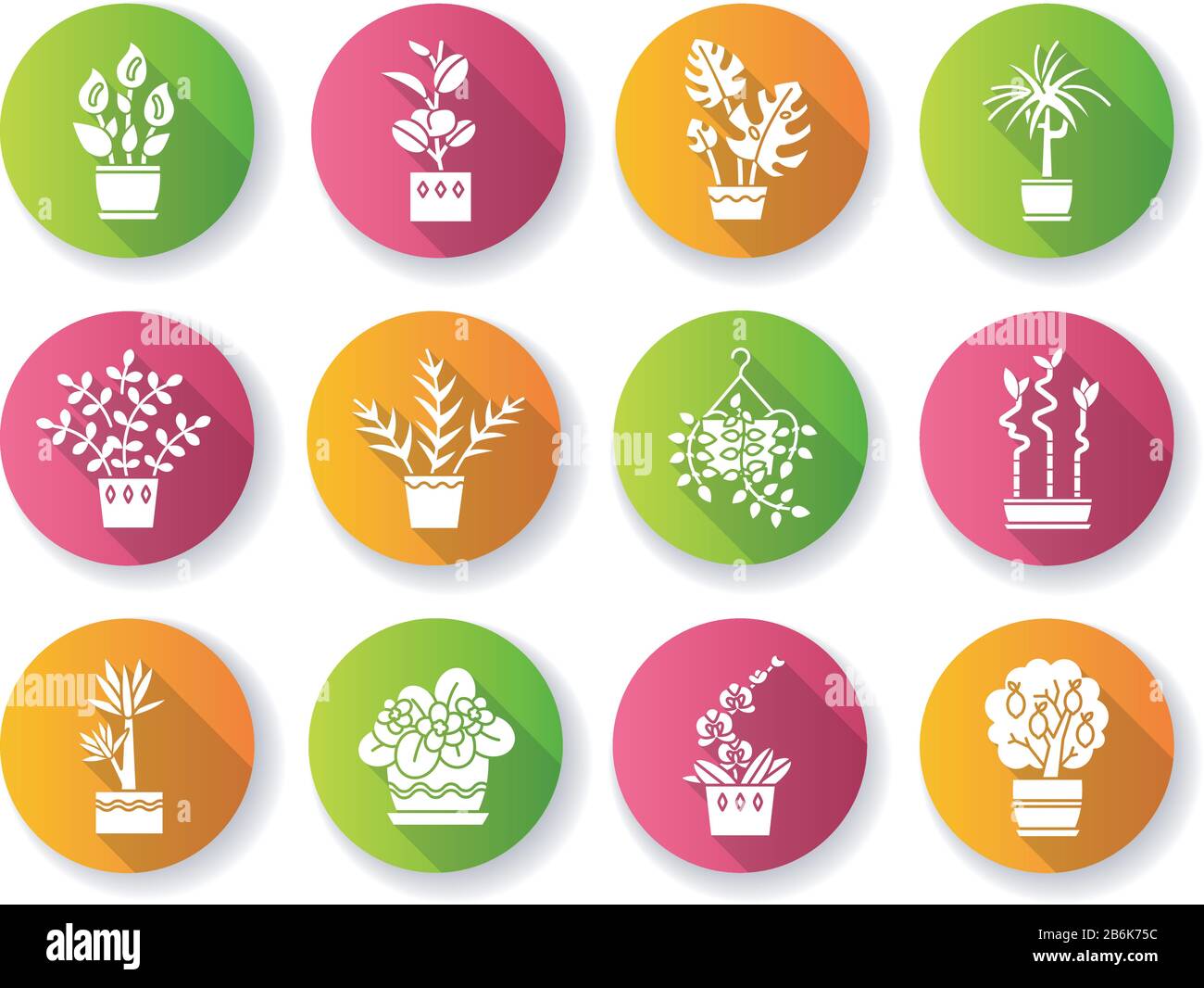 Houseplants flaches Design mit langen Schatten-Glyphe-Ikonen. Dekorative Zimmerpflanzen. Ficus, Monstera, afrikanisches Violett, glücklicher Bambus. Friede Lilie, pothos Stock Vektor