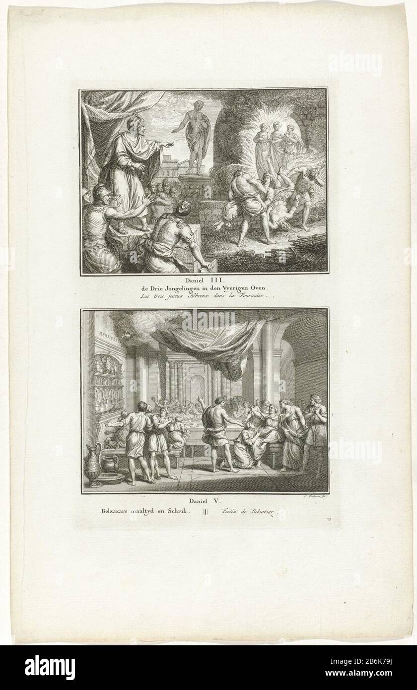 Drei junge Männer im brennenden Ofen und das fest Belshazzar Zwei Bibelgeschichten von Dan. Schreibt 3 und 5. Drei junge Männer im von Gott geschützten Feuerofen und während des Festes von Belshazzar erscheint eine Hand, die einen Text an der Wand hält. Zwei Vorstellungen von je einem Teller, jeweils mit einem Titel in niederländischer und französischer Sprache. Vollständig nummeriert unten rechts: 75. Hersteller : Druckhersteller Jacob Folkema (denkmalgeschütztes Gebäude) Herausgeber: Jan de Groot Herausgeber: Abraham Blussé & Son Ort Herstellung: Herausgeber: Amsterdam Herausgeber: Dordrecht Datum: 1701 Physikalische Merkmale: Ätzmaterial: Papiertechnik: Ätzung Dimentsi Stockfoto