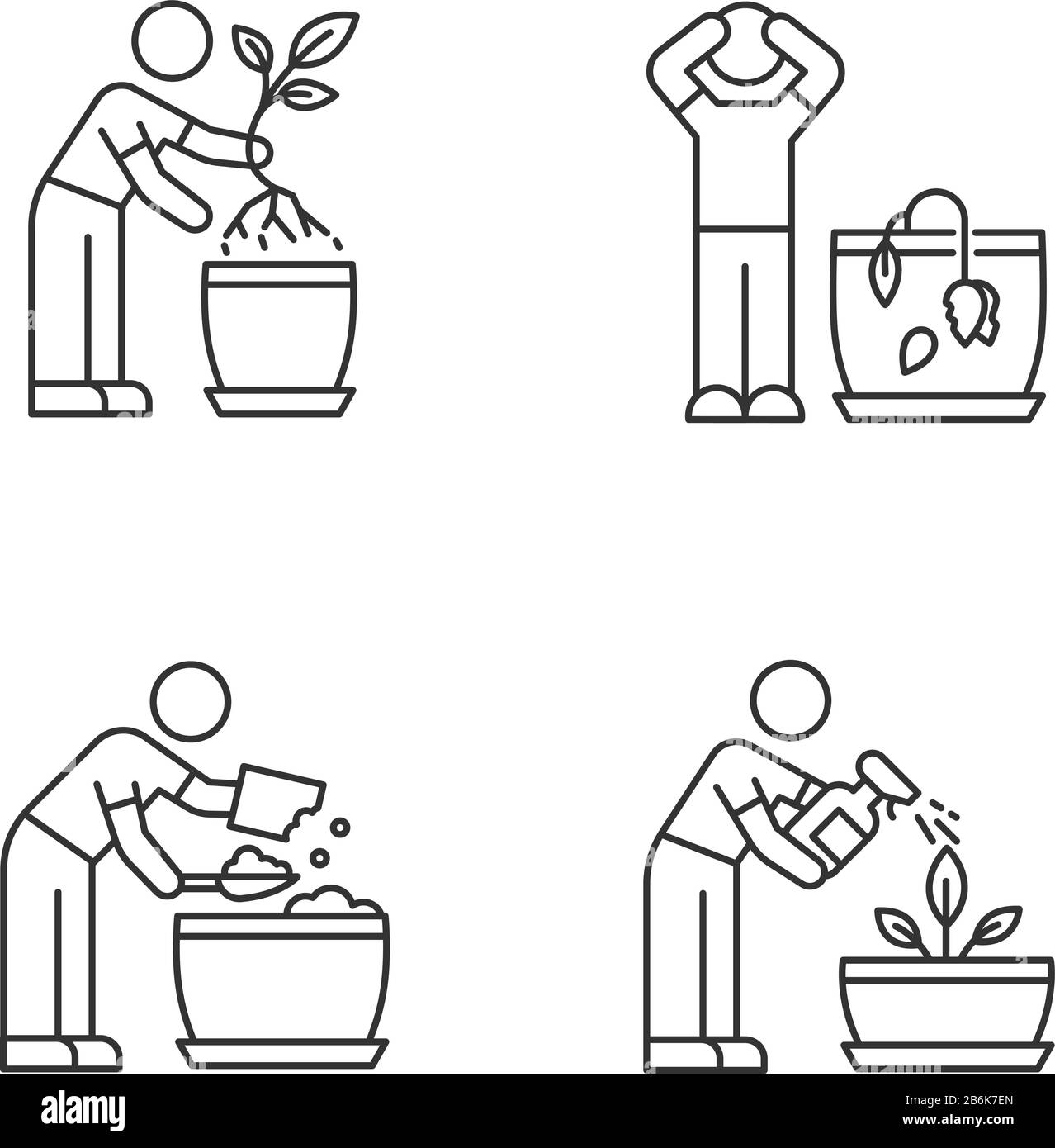 Gartenarbeit für den Innenbereich: Perfekte lineare Symbole für Pixel. Neubepflanzung. Verwelkende Blume. Vorbereiten des Bodens . Anpassbare Kontursymbole mit dünnen Linien. Isoliert Stock Vektor
