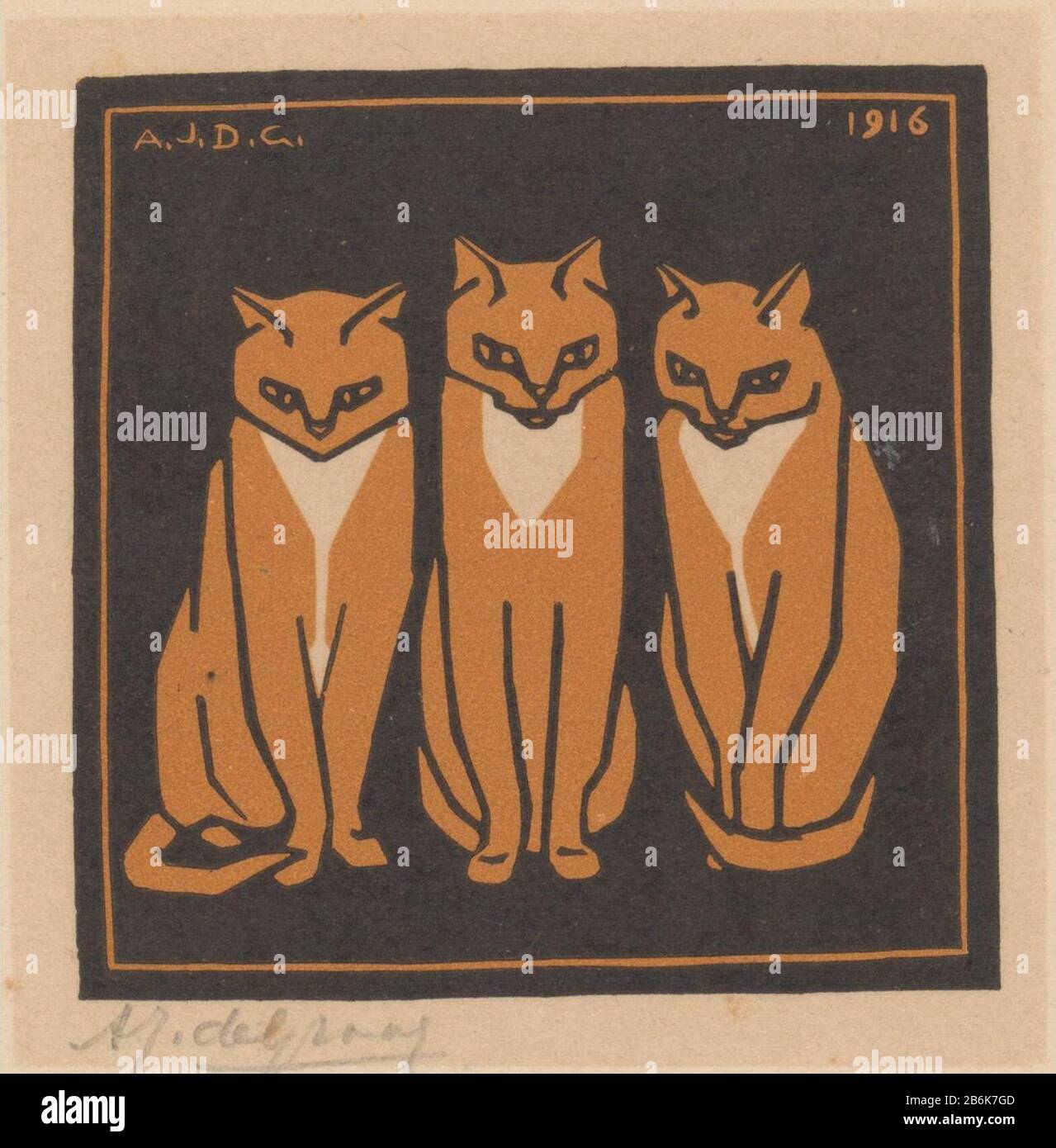 Drei Katzen Drei Katzen Objektart: Bild Artikelnummer: RP-P-1935-885 Aufschriften / Marken: Sammlermarke, Verso, gestempelt: Lugt 2228 Hersteller: Druckmaschine: Julie The Like (persönlich signiert) Datum: 1916 Physikalische Merkmale: Holzschnitt in Schwarz und Orange, gedruckt aus zwei Materialblöcken: Papiertechnik: Holzblockmaße: Blatt: 135 mm × h 130 b mm Betreff: Kat Stockfoto