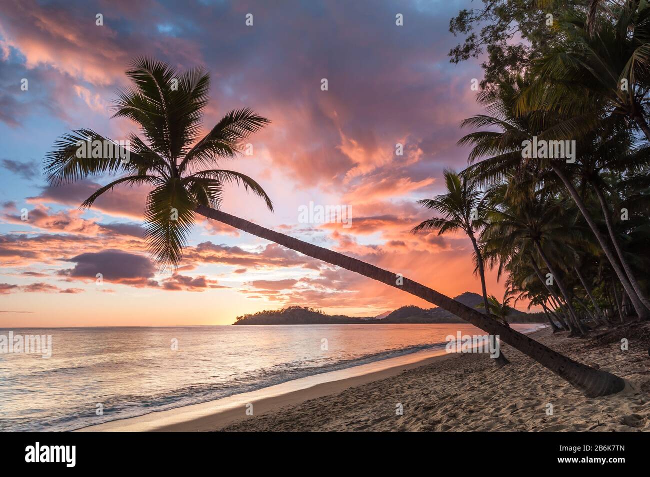 Eine wunderschöne, kultige Kokospalme hängt schräg über einer typischen tropischen Strandszene mit Insel im Hintergrund und Kokospalmenlinie. Stockfoto