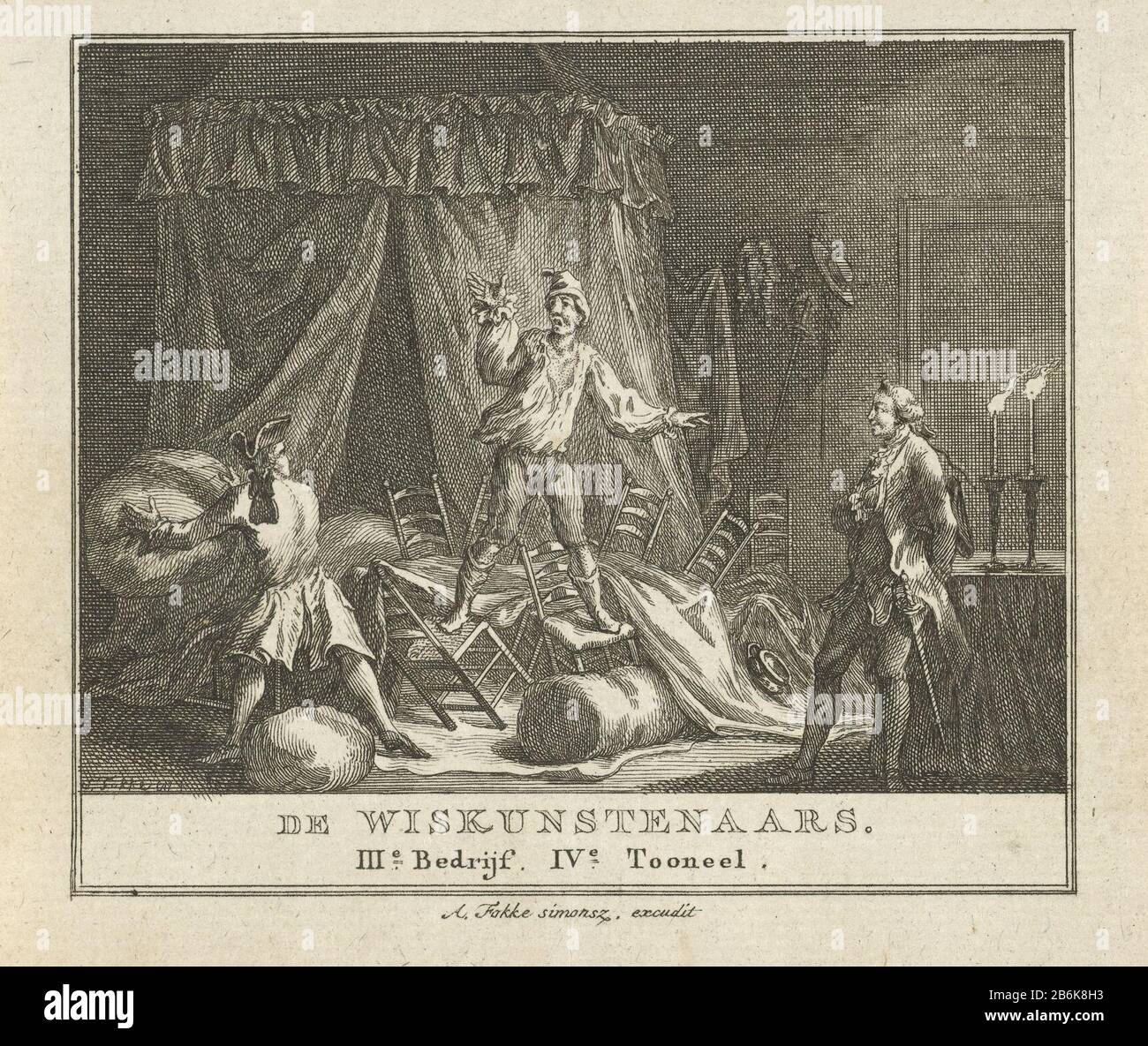 Drei Männer in einer hervorragenden Mathematikerin IIIe The Company Fourth Tooneel (Titelobjekt) In einem Superb balanciert einen Mann in Nachtwäsche auf zwei Stühlen. Rechts sieht ein Gentleman lachend aus, während ein anderer Gentleman nach links versuchte, sich dem Mann in Nachtwäsche zu nähern. Dieser Druck ist für die Komödie The Mathematicians, oder t Refugee missy Pieter Langendijk gemacht. Hersteller: Druckerei-Hersteller Simon Fokke (denkmalgeschütztes Gebäude) in seinem Entwurf: Simon Fokke (denkmalgeschütztes Gebäude) Herausgeber: Arend Fokke Simonsz. (Auf dem Objekt abgebildet) Herstellung: Amsterdam Datum: 174 - 173 Physikalische Eigenschaften: Ätzmaterial: Papiertechnik: Etchi Stockfoto