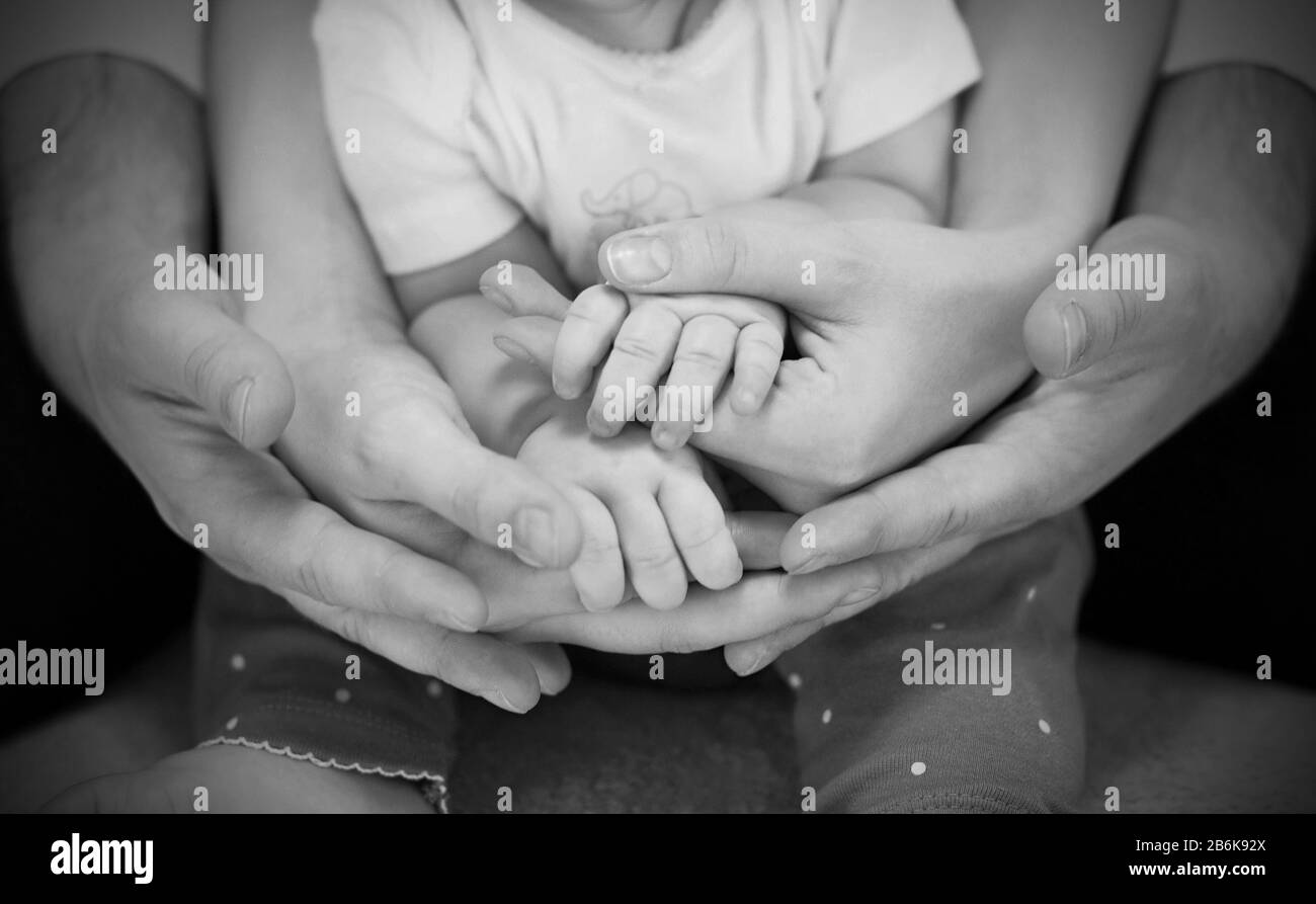 Hände der ganzen Familie: Vater, Mutter und Kind. Stockfoto