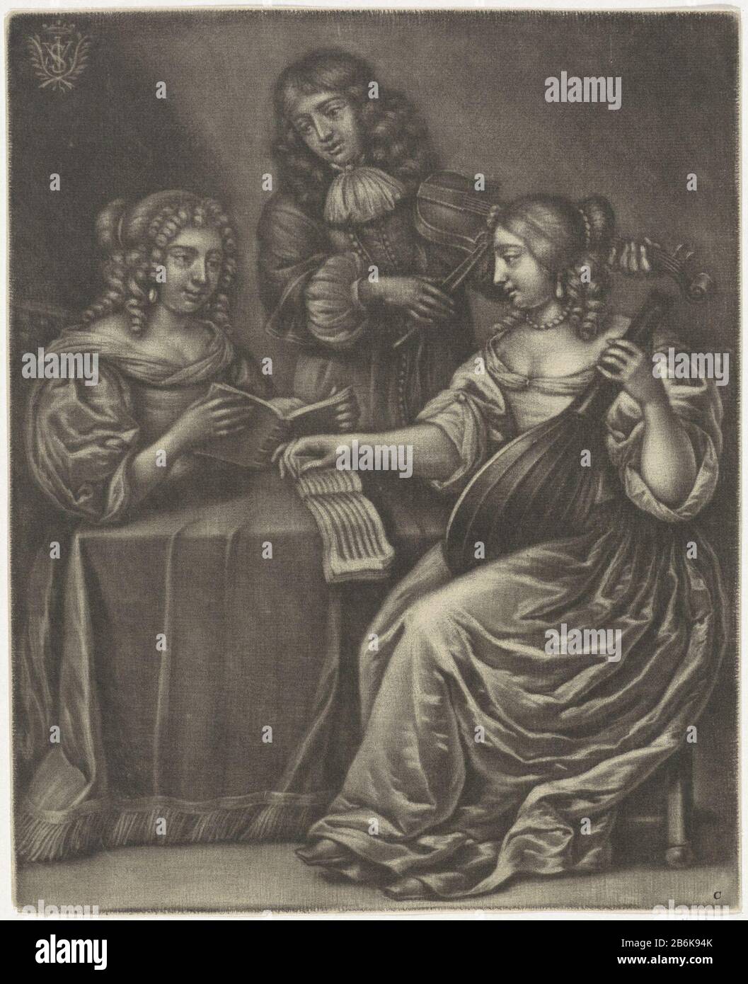 Drei musizierende Figuren EIN Geigenspieler, ein Lautenspieler und Sänger machen zusammen Musik rund um eine tafel. Hersteller : Druckerhersteller Jan van Somer ( angegeben auf dem Objekt) Datum: 1655 - 1700 Physikalische Eigenschaften: Mezzotinmaterial: Papiertechnik: Mezzotinmaße: Plattenkante: H 261 mm × W 210 mm Betreff: Mehr als ein Musiker mit Instrumentalmusik, singender Druckausgabe oder musikalischer Partitur Stockfoto