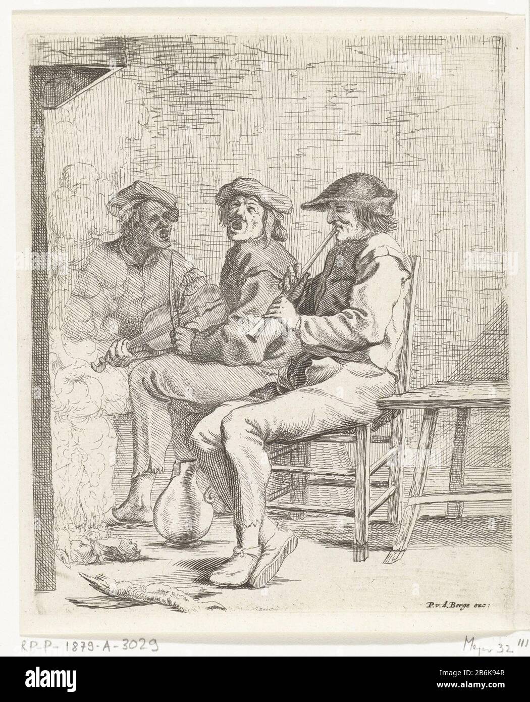 Drei Männer, die Musik Machen Drei Männer, die vor einem Kamin sitzen. Ein Mann spielt Flöte, eine weitere Geige, die dritte Zinge. Hersteller : Druckerhersteller Willem Bass zum Entwurf: Adriaen Brouwer Herausgeber: Pieter van den Berge (Listed Property) Ort Herstellung: Amsterdam Datum: 1633 - 1672 Physikalische Merkmale: Ätzungs- und Engra-Material: Papiertechnik: Ätzung / Engra-Messungen (Druckverfahren) Maße: Plattenkante: H 168 mm × W 140 mmToelichCat Ting  LW AT  . Camb. 119 Thema: Eine Person, die Saiteninstrument spielt (verbeugt) eine Person, die Blasinstrumentmusiker (s) Spielt, Die Sängerin(n) Begleitet Stockfoto