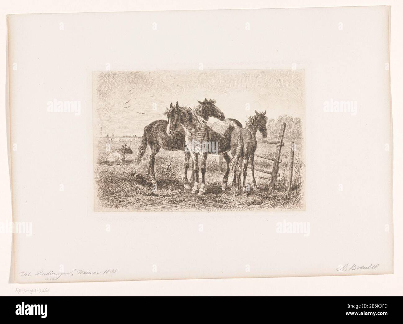 Drei Pferde auf einer Weide, eine Kuh im Hintergrund Drei Pferde auf einer Weide, eine Kuh im Hintergrund Objektart: Bild Artikelnummer: RP-P-1913-3668 Aufschriften / Marken: Sammlermarke, Verso, gestempelt: Lugt 2228 Hersteller : Druckerhersteller Albert Heinrich Brendel (Listed Object) Ort Herstellung: Weimar Datum: Physikalische Merkmale: Ätzung mit Plattenton braun; auf Chinesenkollé Material: Papierkoch-Collé-Technik: Ätzung / Plattentonmessungen: Plattenkante: H 197 mm × W 299 mmToelichtingPrent ist Teil einer Druckgruppe, die zwischen den Jahren von 1880 und 1888-88 von der herausgegeben wurde Stockfoto