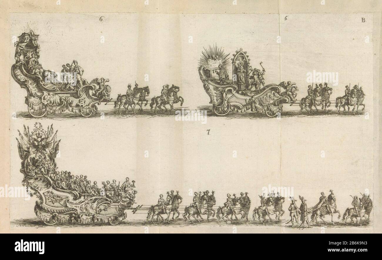 Drei Schwielen mit den Nummern 5-7, 1749 Drei Schwielen oder Wagen mit allegorischen Figuren in der Prozession bei der Feier am 3. Mai 1749, dem 600sten Jahrestag des Heiligen Blutes in Brüggen. Blatt B mit Wagen mit der Nummer 5-7. Die Klinge wird geschnitten und geplackt. Hersteller : Druckmaschine: Bernard Verschoot (börsennotiertes Objekt) Ort Herstellung: Südniederland Datum: 1749 Physikalische Merkmale: Ätzmaterial: Papiertechnik: Ätzmaße: Blatt: H 175 mm × W 295 mm Betreff: Schwimmer  Triumph, wenn: 1749-05-03 - 1749-05-03 Stockfoto