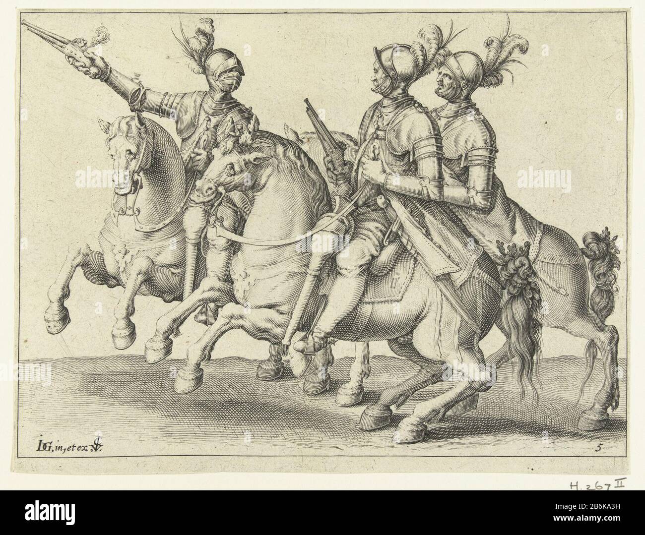 Drei Reiter mit Guns Rider School (Serientitel) Drei gepanzerte Reiter, links, jeweils mit einer Pistole in der rechten Hand. Dieser Druck ist Teil einer Serie von 22 nummerierten Drucken: Ein Titelbild, 20 Bilder, Auf Denen: Auf einem oder wenigen verschiedenen Typen (gepanzerte) Reiter gezeigt werden, und ein Ausdruck eines Ruitergevechts. Hersteller: Druckmaschine: Jacob der Gheyn (II) (Studio) Druckmaschine: Zacharias Dolendo (möglich) entworfen von Jacob der Gheyn (II) (denkmalgeschütztes Gebäude) Verleger Claes Jansz. Visscher (II) (denkmalgeschütztes Gebäude) Ort Herstellung: Druckmaschine: Leiden Druckautor: Niederlande Herausgeber: Amsterdam Stockfoto