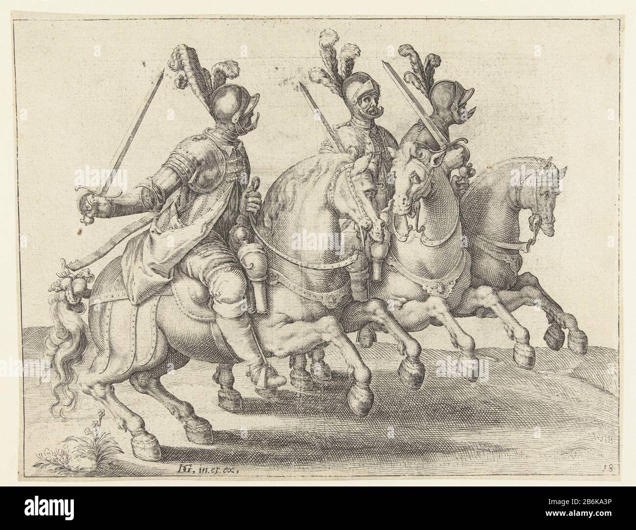 Drei Reiter mit gezogenen Schwertern, nach links gerichtete Reiter-Schule (Serientitel) Drei gepanzerte Männer zu Pferd, die nach rechts reiten, jeweils mit einem gezogenen Schwert in der rechten Hand. Dieser Druck ist Teil einer Serie von 22-nummerierten Drucken: Ein Titelbild, 20 Bilder, in denen ein oder mehrere verschiedene Arten (gepanzerte) Reiter gezeigt werden, und ein Ausdruck eines Ruitergievechts. Hersteller: Druckmaschine: Jacob der Gheyn (II) (Werkstatt des) Druckereiherstellers: Zacharias Dolendo (möglich) entworfen von Jacob der Gheyn (II) (denkmalgeschütztes Gebäude) Herausgeber: Jacob de Gheyn (II) (denkmalgeschütztes Gebäude) Herstellung: Druckmaschine: Leide Stockfoto