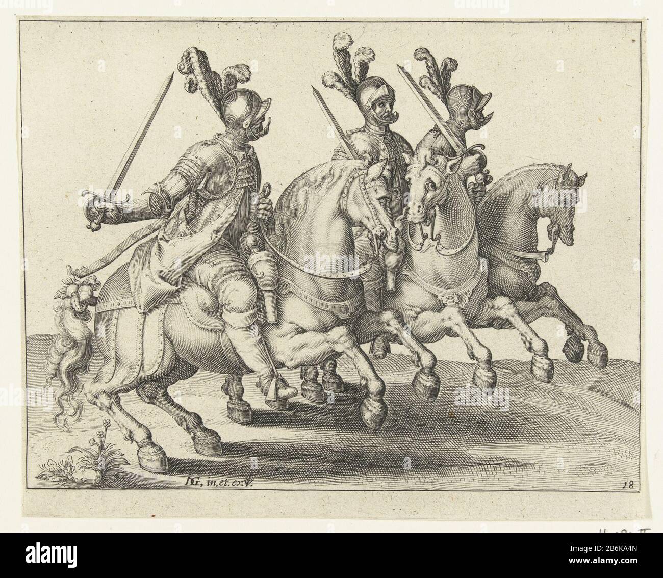 Drei Reiter mit gezogenen Schwertern, links zur Reitschule (Serientitel) Drei gepanzerte Männer zu Pferd, rechts reitend, jeweils mit gezogenem Schwert in der rechten Hand. Dieser Druck ist Teil einer Serie von 22-nummerierten Drucken: Ein Titelbild, 20 Bilder, in denen ein oder mehrere verschiedene Arten (gepanzerte) Reiter gezeigt werden, und ein Ausdruck eines Ruitergievechts. Hersteller: Druckmaschine: Jacob der Gheyn (II) (Werkstatt des) Druckereimachers: Zacharias Dolendo (möglich) entworfen von Jacob der Gheyn (II) (denkmalgeschütztes Gebäude) Verleger Claes Jansz. Visscher (II) (denkmalgeschütztes Gebäude) Herstellung: Druckmaschine: Stockfoto