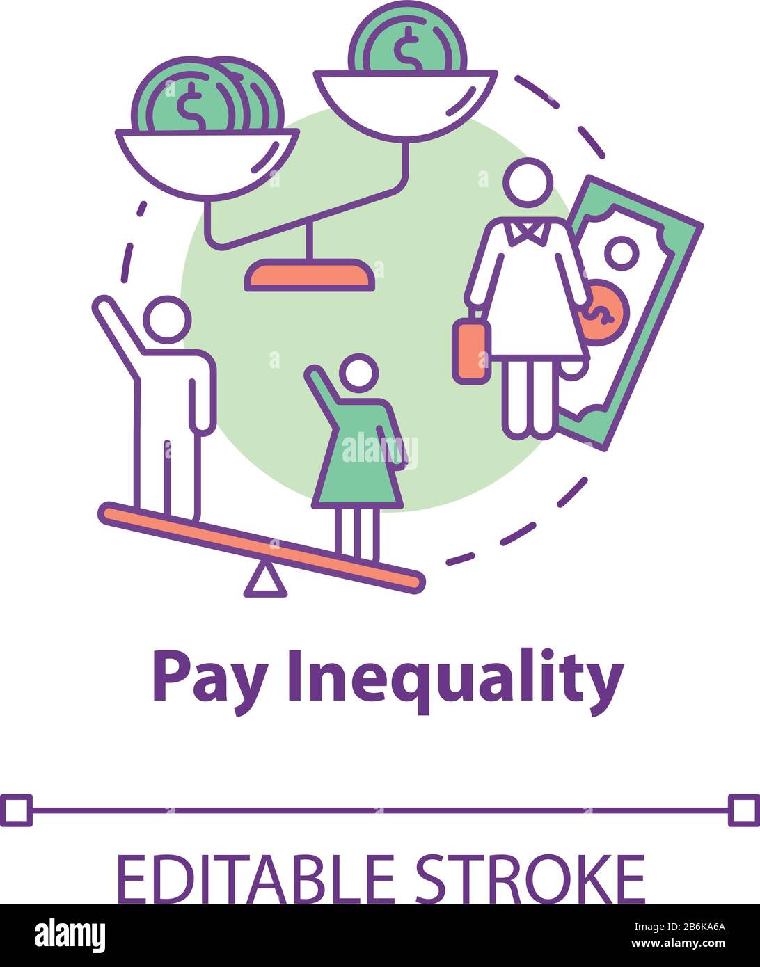 Symbol für das Konzept der Zahlungsungleichheit. Diskriminierung bei der Entschädigung. Lohnungleichheit. Fairness am Arbeitsplatz. Gender Pay GAP Idea Thin Line Illustration. Vektor Stock Vektor