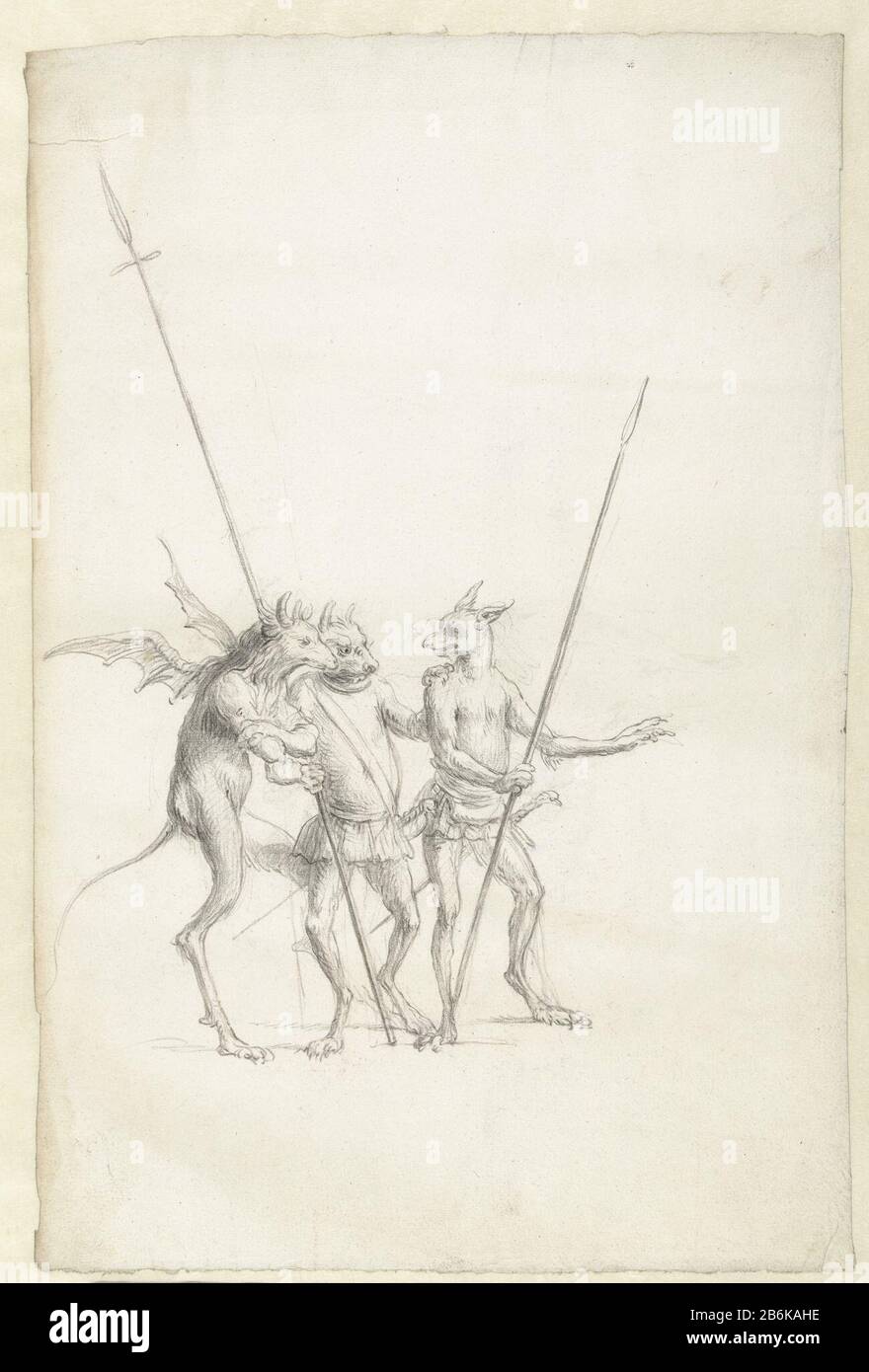 Drei stehende Fabelwesen Studien zur Figuration von Speichenreihen (Serientitel) Drei stehende Fabelwesen, die linksgeflügelten, mit Speeren bewaffnet und schwer : den, in Beraadslaging. Hersteller : Zeichner: Cornelis Saftleven dating: 1617 - 1681 Physikalische Merkmale: Schwarzes Kreidematerial: Papierkreidemaße: H 452 mm × W 298 mm Erklärungsblatt aus einer großen Skizze von Studien zur Konfiguration von Spokerijen. Betrifft: Proben oder gemischte menschliche und tierische Formen; 'Mostri'(Ripa) der Soldat; das Leben eines Soldaten und Stockfoto