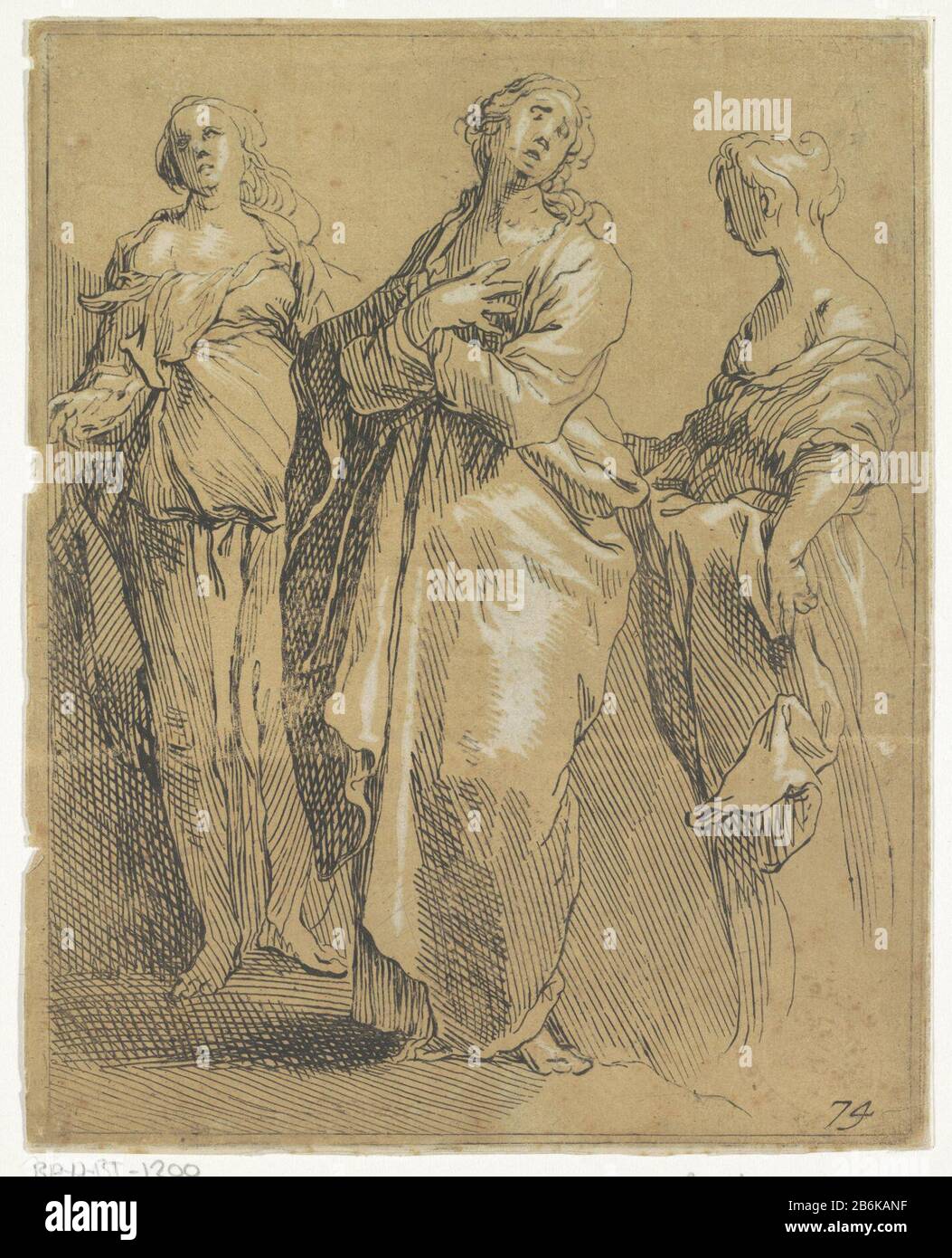 Drei stehende Figuren unten rechts '74'. Hersteller: Druckmaschine: Frederick Bloemaert zur Gestaltung: Abraham Bloemaert Herausgeber: Reinier Ottens (I) & JosuaPlaats Herstellung: Druckmaschine: Utrechter Verleger: Amsterdam Datum: 1740/441 Physikalische Merkmale: Radierung in schwarz und chiaroscuro in braun; gedruckt auf einer Kupferplatte, und ein Holztonblock Material: Papiertechnik: Radierung / Chiaroscuro-Block: Abmessungen: Holzplatte: Abmessungen: 188 mm × H 152 b mmToelichtingMiete von: Bloemaert, Abraham. Oorspronkelyk und renommiertes Konstryk-Skizzenbuch. Amsterdam: Reinier & Josua Ottens, 1740. Stockfoto