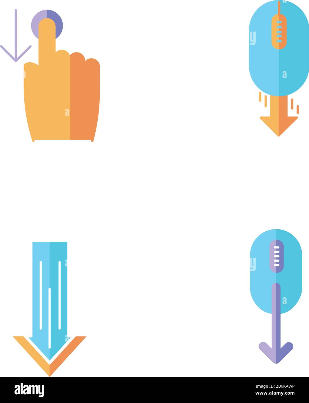 Scrolldown Flat Design Cartoon RGB-Farbsymbole festgelegt. Wischen Sie die Anzeigen für den Smartphone-Touchscreen nach unten. Navigationstasten für die mobile App-Benutzeroberfläche von Arrows Stock Vektor