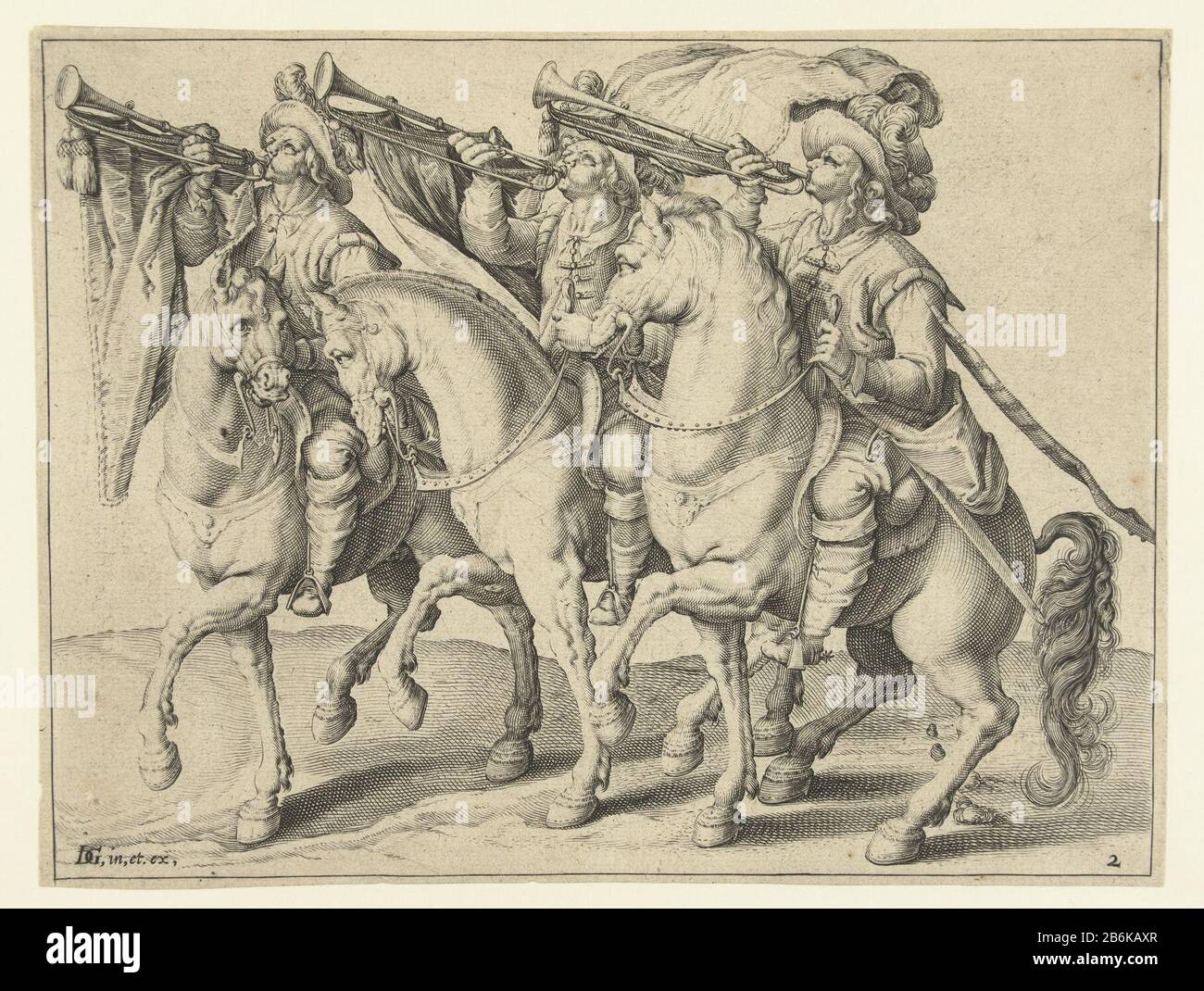 Drei Trompeter Horseback Reitschule (Serientitel) Drei Männer zu Pferd, Seite, linke Hand, jeweils mit einer Trompete zu seinem Mund Wo: Hängen Sie ein Banner. Dieser Druck ist Teil einer Serie von 22-nummerierten Drucken: Ein Titelbild, 20 Bilder, in denen ein oder mehrere verschiedene Arten (gepanzerte) Reiter gezeigt werden, und ein Ausdruck eines Ruitergievechts. Hersteller : Druckmaschine: Jacob der Gheyn (II) (Werkstatt des) Druckereiherstellers: Zacharias Dolendo (möglich) entworfen von Jacob der Gheyn (II) (denkmalgeschütztes Gebäude) Herausgeber: Jacob de Gheyn (II) (denkmalgeschütztes Gebäude) Ort Herstellung: Druckmaschine: Leiden Druckautor: Nether Stockfoto