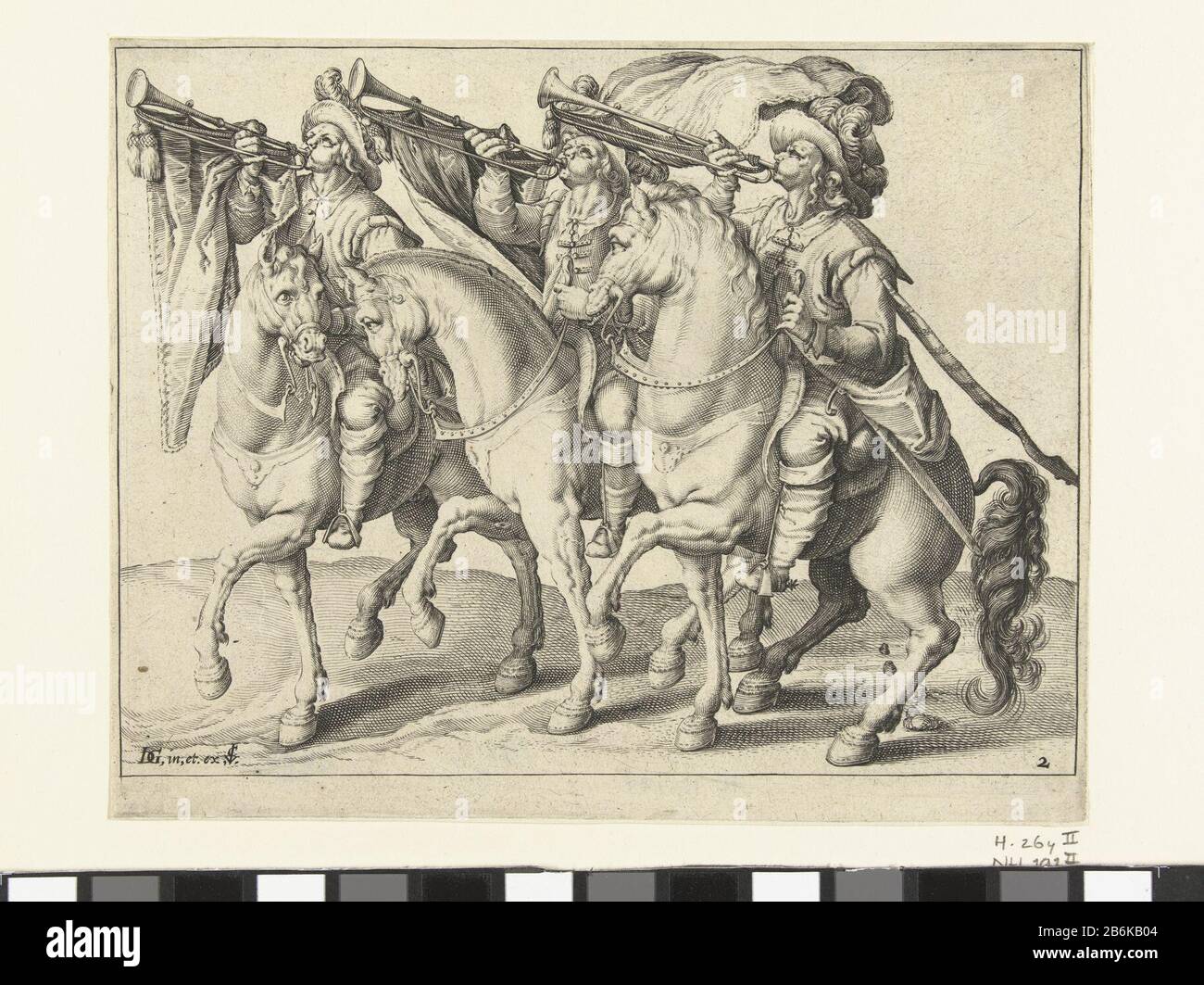 Drei Trompeter Horseback Reitschule (Serientitel) Drei Männer zu Pferd, Seite, linke Hand, jeweils mit einer Trompete zu seinem Mund Wo: Hängen Sie ein Banner. Dieser Druck ist Teil einer Serie von 22-nummerierten Drucken: Ein Titelbild, 20 Bilder, in denen ein oder mehrere verschiedene Arten (gepanzerte) Reiter gezeigt werden, und ein Ausdruck eines Ruitergievechts. Hersteller: Druckmaschine: Jacob der Gheyn (II) (Werkstatt des) Druckereimachers: Zacharias Dolendo (möglich) entworfen von Jacob der Gheyn (II) (denkmalgeschütztes Gebäude) Verleger Claes Jansz. Visscher (II) (denkmalgeschütztes Gebäude) Ort Herstellung: Druckmaschine: Leiden Druckautor: Stockfoto