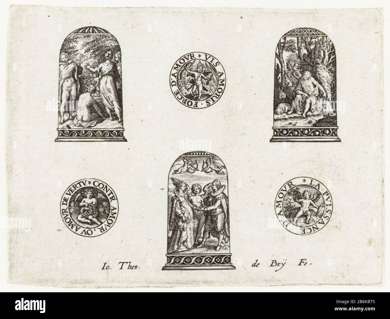 Drei Thimbles Thimbles, Friese und Medaillons auf schwarzem Grund (Serientitel) Thimble oben links mit Dianas Nymphen Schwangerschaft von Callisto Discover (Jacob Matham bis Cornelis Cornelisz. Hol Es. 119). Oben rechts mit der Nymphe Syrinx durch Pan spionieren (nach Aegidius Sadeler Hol. 109). Thimble unten Mitte mit einer Allegorie auf die Ehe der Lust (zu Jan Saenredam zu Goltzius Hol. 107). Des Weiteren drei Medaillons mit Amorennetzwerken und mit Liebe verbundenen Texten. Teil der Serie von vier bladen. Hersteller: Druckerhersteller Johann Theodor de Bry (denkmalgeschütztes Eigentum), der von Jacob Mathamnaar pict gedruckt werden soll Stockfoto