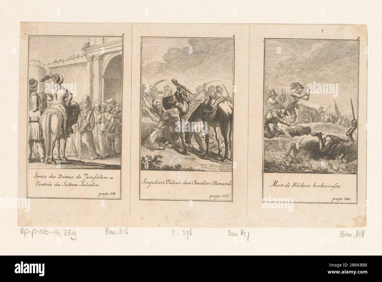 Oben rechts nummeriert von sieben bis neun, mit Bildunterschriften in  Französisch. Dargestellt sind: Saladin sehen Sie, wie die christlichen  Frauen Jerusalems (7), die Geschichte des deutschen Ritters (8) und der Tod  von