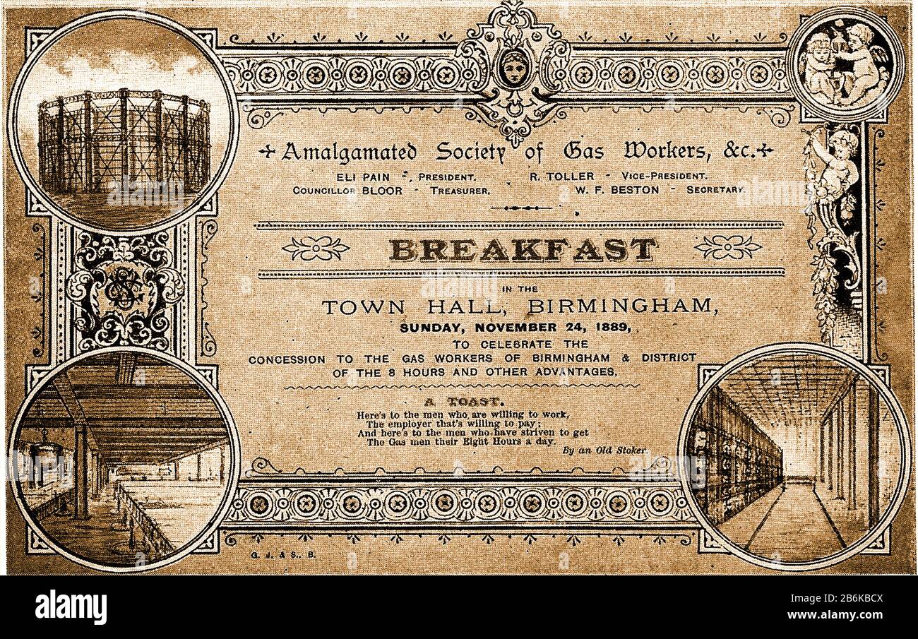 Eine historische Einladung von der Amalgamated Society of Gas Workers (Union) aus dem Jahr 1889 zu einem Frühstück in der Town Hall, Birmingham, England, um die Reduzierung der Arbeitsstunden auf 8 Stunden am Tag zu feiern. Gewerkschaftsfunktionäre zu dieser Zeit waren Eli Pain (Präsident), R toller (Vizepräsident), Ratsherr Bloor (Schatzmeister) und W F Beston (Sekretär). Der vollständige Name der Gewerkschaften war die Amalgamated Society of Gas Workers, Brickmakers and General Workers Stockfoto