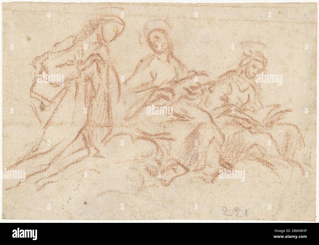 Drei weibliche Heilige auf Wolken Drei weibliche Heilige Wolkenobjekttyp: Zeichnung Objektnummer: RP-T-1960-229 (R) Herstellung Schöpfer: Künstler: Giacinto Brandi (zugeschrieben) Datum: 1633 - 1691 Physische Merkmale: Rote Kreide auf grauem Papiermaterial: Papierkreidemaße: H 93 mm × W 136 mm Stockfoto