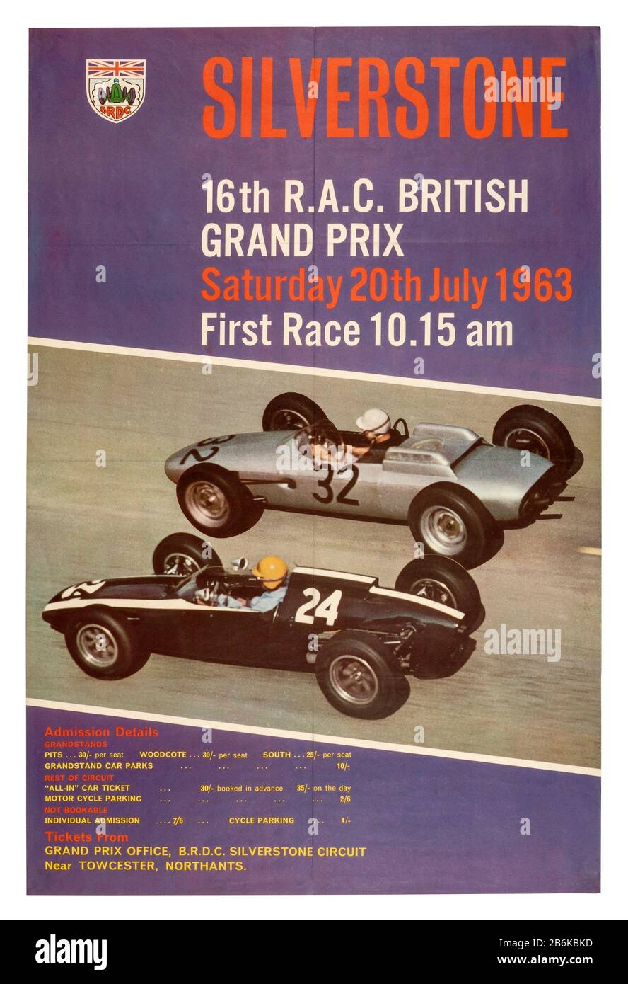 Vintage-Poster für das Formel-1-Rennen des RAC British Grand Prix 1963 in Silverstone Stockfoto