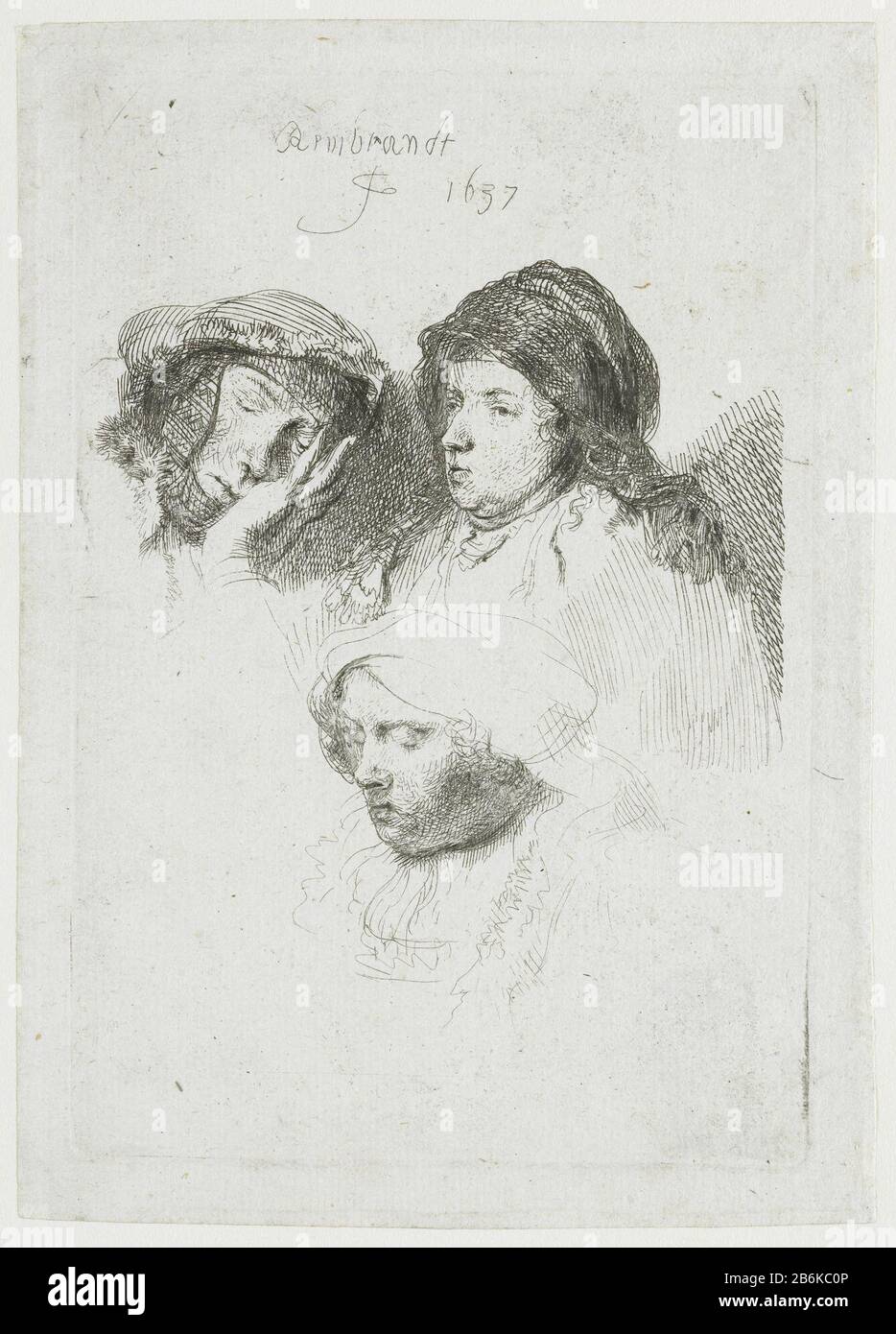 Drei weibliche Köpfe, ein schlafender Objekttyp: Bild Artikelnummer: RP-P-1882-A-6188 Katalogusreferentie: Neu Hollstein Dutch 161-1 (3) Bartsch 368-1 (1) 368-1 Hollstein Dutch (1) Aufschriften / Kennzeichnung: Unterschrift und Datum, oberer Mittelpunkt, Sammlermarke "Rembrandt f 1637", siehe links: Lugt 2610 Hersteller: Druckmaschine Rembrandt van Rijn (denkmalgeschütztes Gebäude) im Entwurf: Rembrandt van Rijn Datum: 1637 Physikalische Merkmale: Ätzmaterial: Papiertechnik: Ätzmaße: 141 mm × h b 97 mm Stockfoto