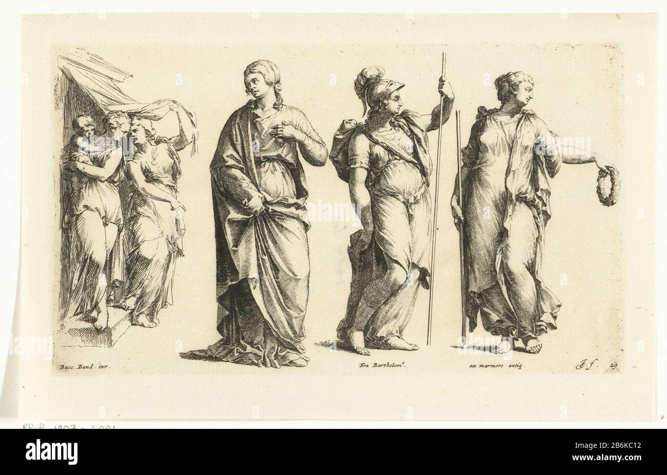 Drei Bilder von Frauen und einer Gruppe von zwei Frauen und einem Kind Paradigmata Graphices variorum artificum (Serientitel) haben Eine Gruppe von zwei Frauen Völlig verlassen, eine hält ein Kind auf dem Arm (A). Neben einer Frau, die ihren Rock hochhält (b). In der Mitte rechts Minerva (c). Ganz rechts könnte ein Bild vorführen, dass verschiedene Figuren, möglicherweise eine Muse, oder die Göttin Flora oder Laetitia publica (d) . Hersteller : Druckhersteller: Jan der Bischof In Gemälde von: Baccio Bandinelli (auf dem Objekt angegeben) zu einem Entwurf von: Bartolommeo ( Fra) (denkmalgeschütztes Gebäude) zum Ansehen: Anonym (denkmalgeschütztes Gebäude) Von 1668 bis 1671 Stockfoto