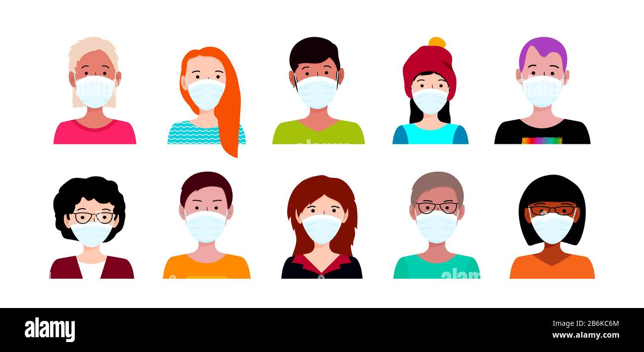 Menschen in medizinischer Maske. Wuhan Coronavirus Outbreak-Konzept. COVID-19 Gefahr und Gefahr für die öffentliche Gesundheit und Grippeausbruch. Vektorgrafiken Stock Vektor
