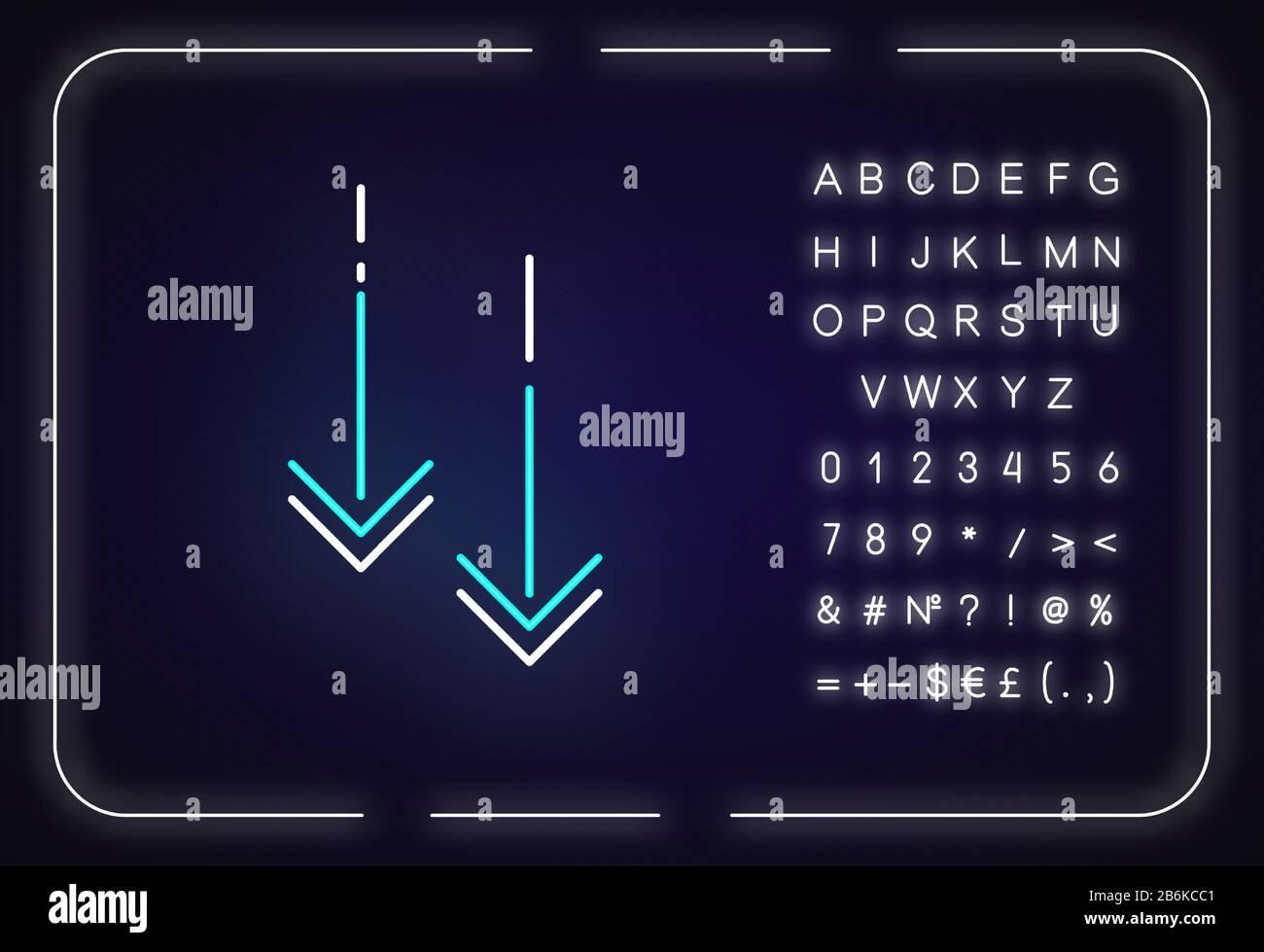 Symbol für Neonlicht mit Pfeilspitzen nach unten. Cursor der Benutzeroberfläche des Menüs "Scrolldown". Äußere leuchtende Wirkung. Zeichen mit Alphabet, Zahlen und Symbolen Stock Vektor