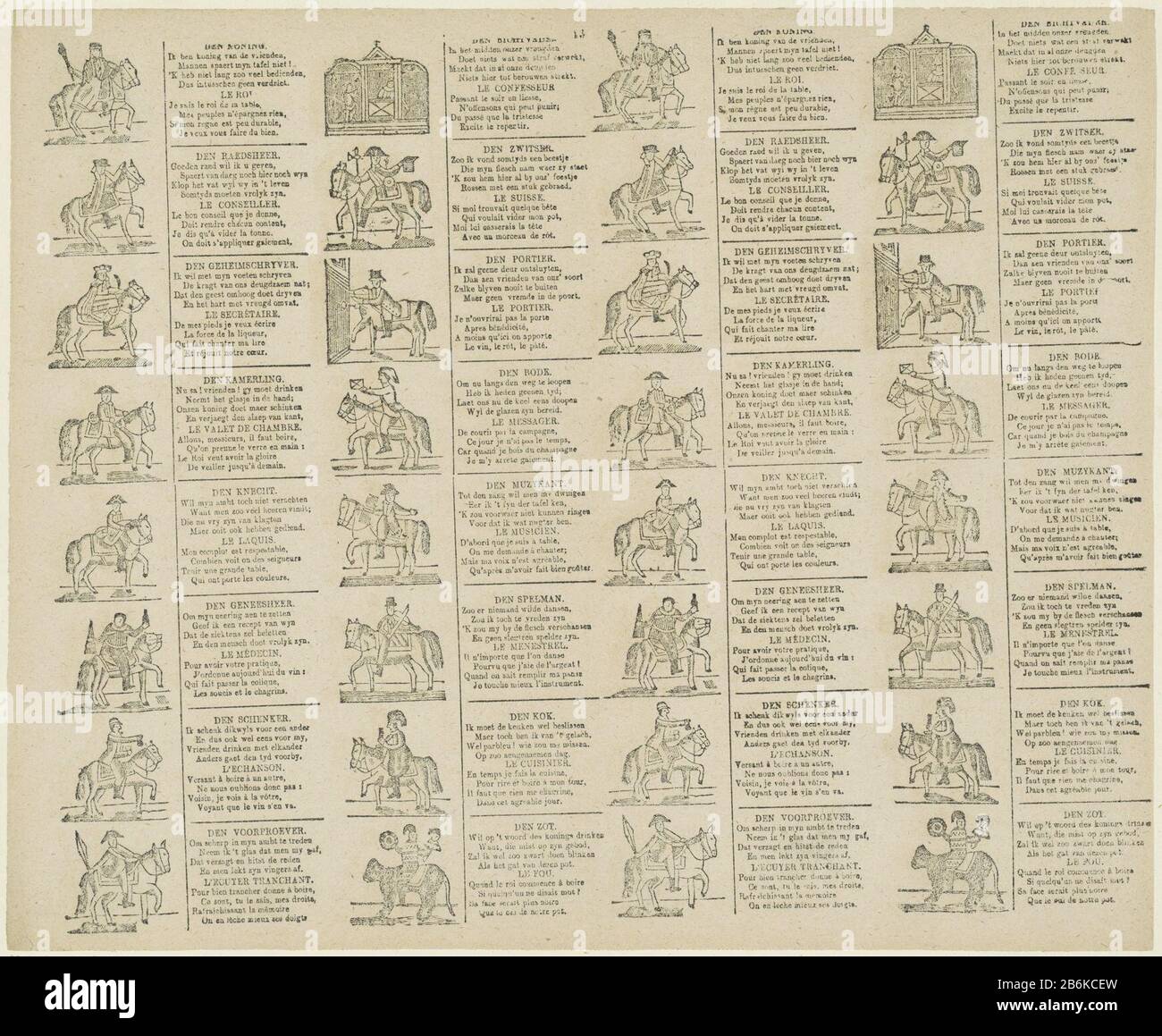 Epiphany Stickies Leaf mit 32 Vorstellungen (Epiphany Notes) verschiedener Positionen innerhalb des Gerichts, wo: Unter einem Ratgeber, einem Schaber und einem Türsteher. Direkt neben jedem Bild eine vierzeilige Verse in niederländischer und französischer Sprache. Nummeriert oben Mitte: 43. Hersteller : Herausgeber: M. Hemeleers-of Houterprentmaker: Anonymer Ort Herstellung: Schaerbeek Datum: 187 - 1894 Physische Merkmale: Holzschnitt und Textdruck Material: Papiertechnik: Holzschnitt / Druckformate: Blatt: H 317 mm × W 387 mm Betreff: Royal Household; Höflinge, Retinue, trainEpiphanyTwelfth Nachtbenthik, normalerweise am Janu Stockfoto
