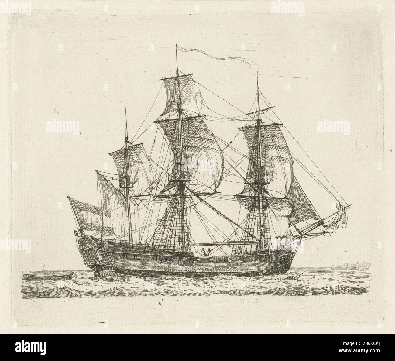 Driemaster mit Flagge Mehrere Schiffe Serie C (Serientitel) EIN Dreimaster mit fliegenden Figuren, Rechtssegeln. Dieser Druck ist Teil einer Serie von zwölf Drucken mit verschiedenen Zeilschepen. Hersteller : Druckmaschine: Gerrit Groeneweg Herstellung: Rotterdam Datum: 1789 Physikalische Eigenschaften: Ätzmaterial: Papiertechnik: Ätzmaße: Plattenkante: H 130 mm × W 154 mm Betreff: Schiffe (allgemein) Stockfoto